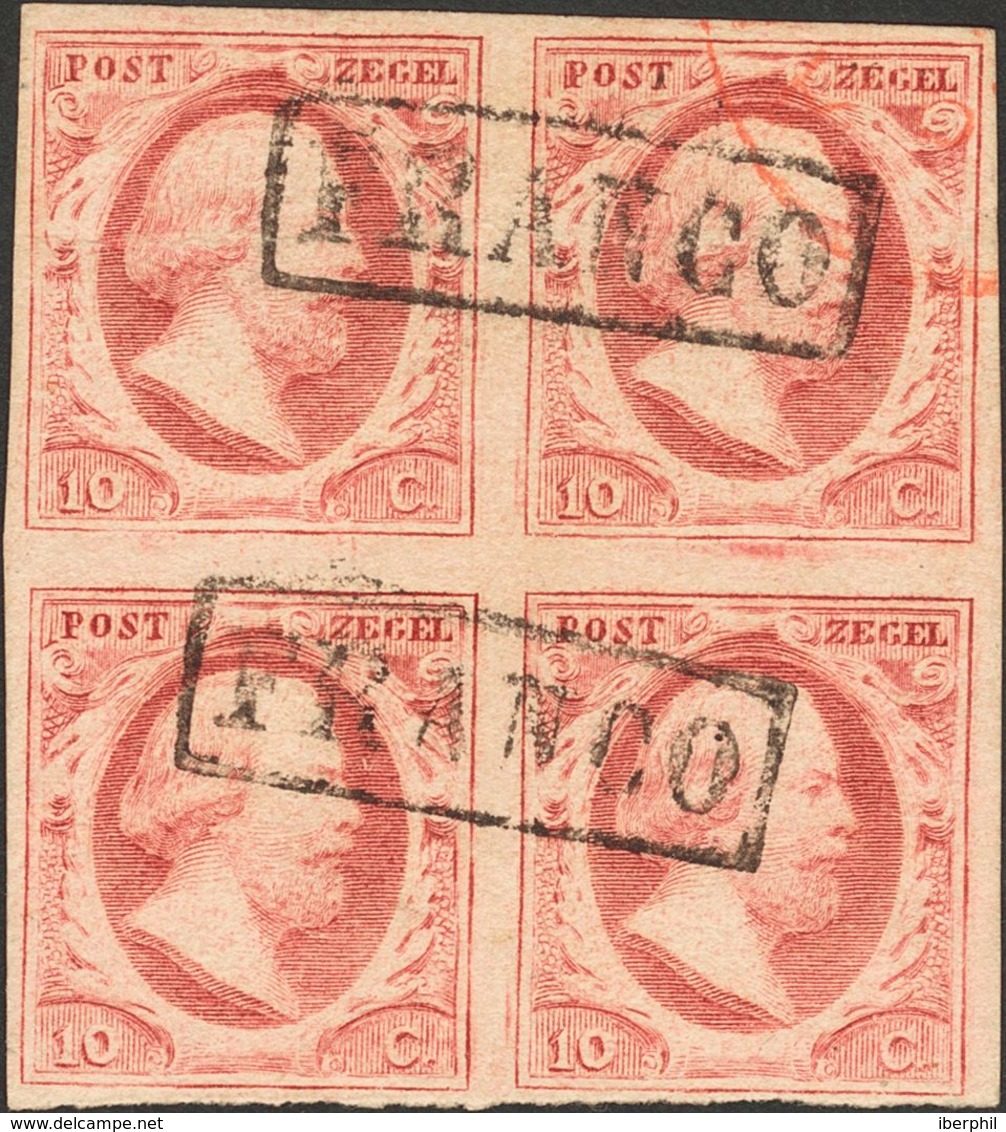 Holanda. ºYv 2(4). 1852. 10 Cent Red (Plate X, Position 66-67 And 71-72) On Thick Paper, Block Of Four (horizontal Fold  - ...-1852 Precursores