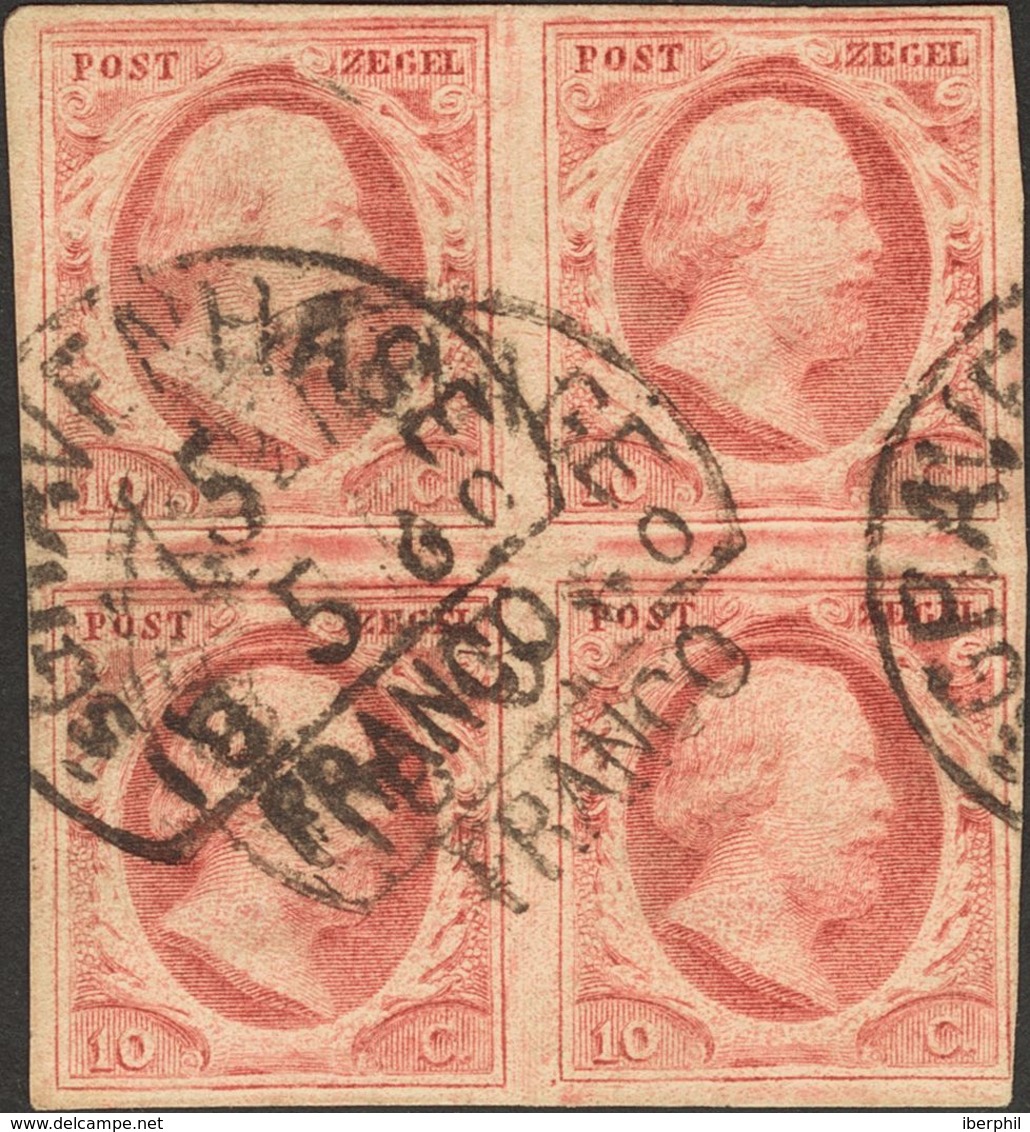 Holanda. ºYv 2(4). 1852. 10 Cent Red (Plate V, Position 19-20 And 24-25), Block Of Four (seal Bottom Right Short But Not - ...-1852 Precursores