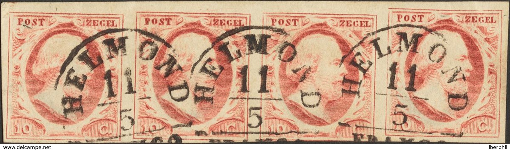 Holanda. ºYv 2(4). 1852. 10 Cent Carmine (Plate I, Position 97-100), Strip Of Four (the Position 100, The Stamp Light Cr - ...-1852 Prephilately