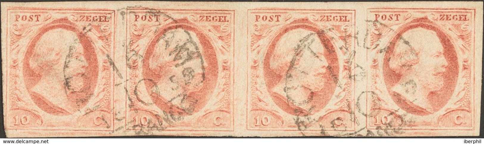 Holanda. ºYv 2(4). 1852. 10 Cent Red (Plate V, 97-100), Strip Of Four. Lightly Cancelled ROTTERDAM Datestamp. VERY FINE. - ...-1852 Vorläufer