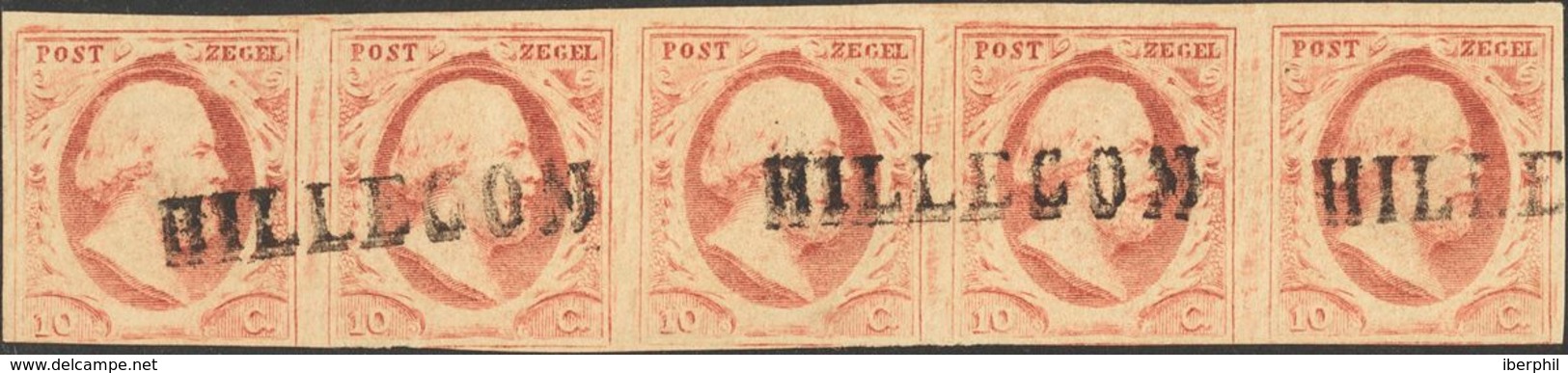 Holanda. ºYv 2(5). 1852. 10 Cent Red Brown (Plate VI, Position 71-75), Strip Of Five (short Down Margin). Lineal Cancel  - ...-1852 Precursores