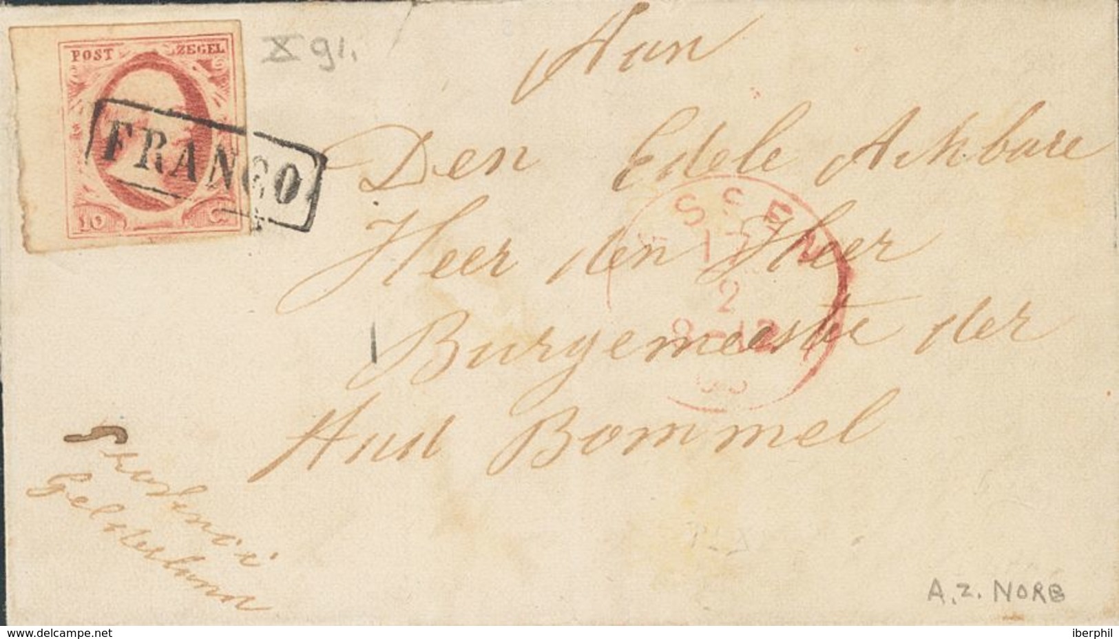 Holanda. SOBREYv 2. 1863. 10 Cent Red (Plate X, Position 91) Margin Sheet On Thick Paper. NORG (lineal Postmark On Back  - ...-1852 Precursores