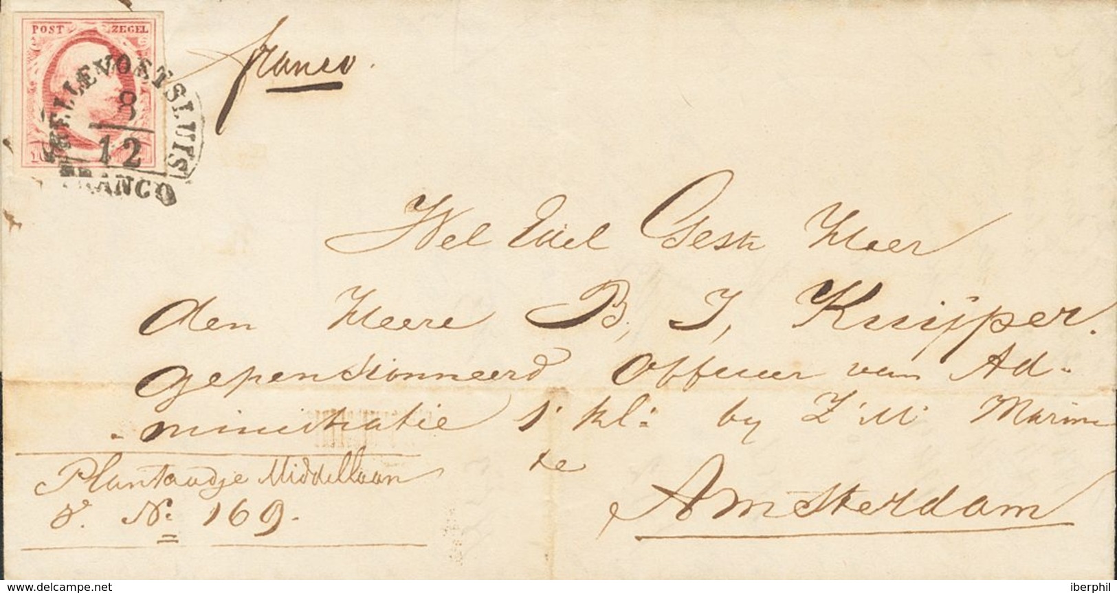Holanda. SOBREYv 2. 1853. 10 Cent Carmine (Plate I). HELLEVOETSLUIS To AMSTERDAM. Cancelled With HELLEVOETSLUIS Datestam - ...-1852 Prephilately