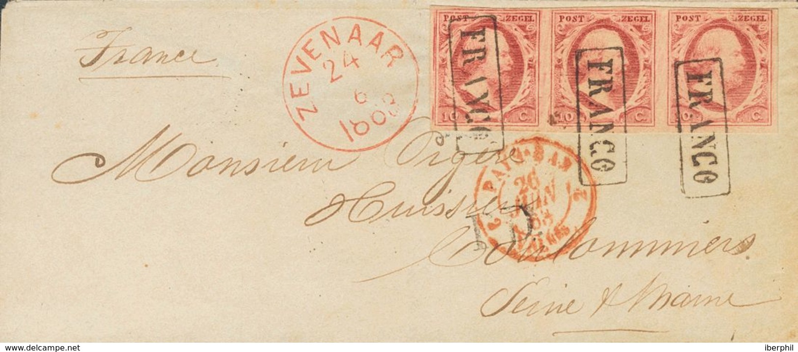 Holanda. SOBREYv 2(3). 1863. 10 Cent Red (Plate X) On Thick Paper, Strip Of Three. ZEVENAAR To COULOMMIERS (FRANCE). Can - ...-1852 Préphilatélie