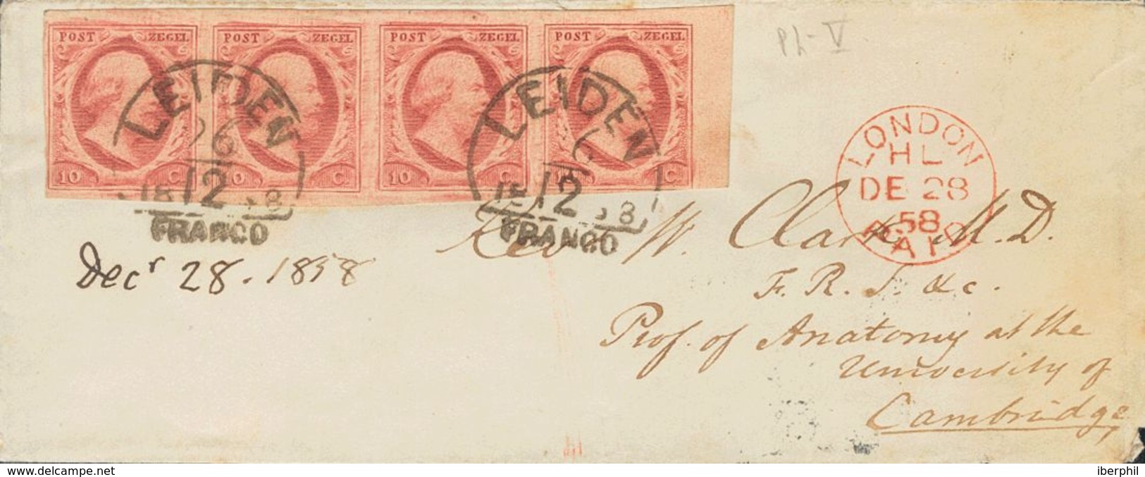 Holanda. SOBREYv . 1858. 10 Cent Red (Plate V, Position 2-5), Strip Of Four Margin Sheet (all Complete). LEIDEN To LONDO - ...-1852 Precursores