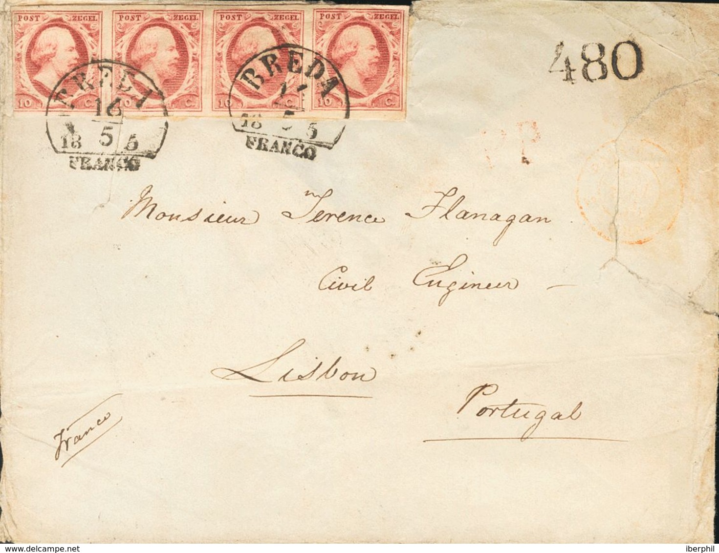 Holanda. SOBREYv . 1855. 10 Cent Red (Plate III, Position 56-59), Strip Of Four (two Stamps Little Defects). BREDA To LI - ...-1852 Precursores