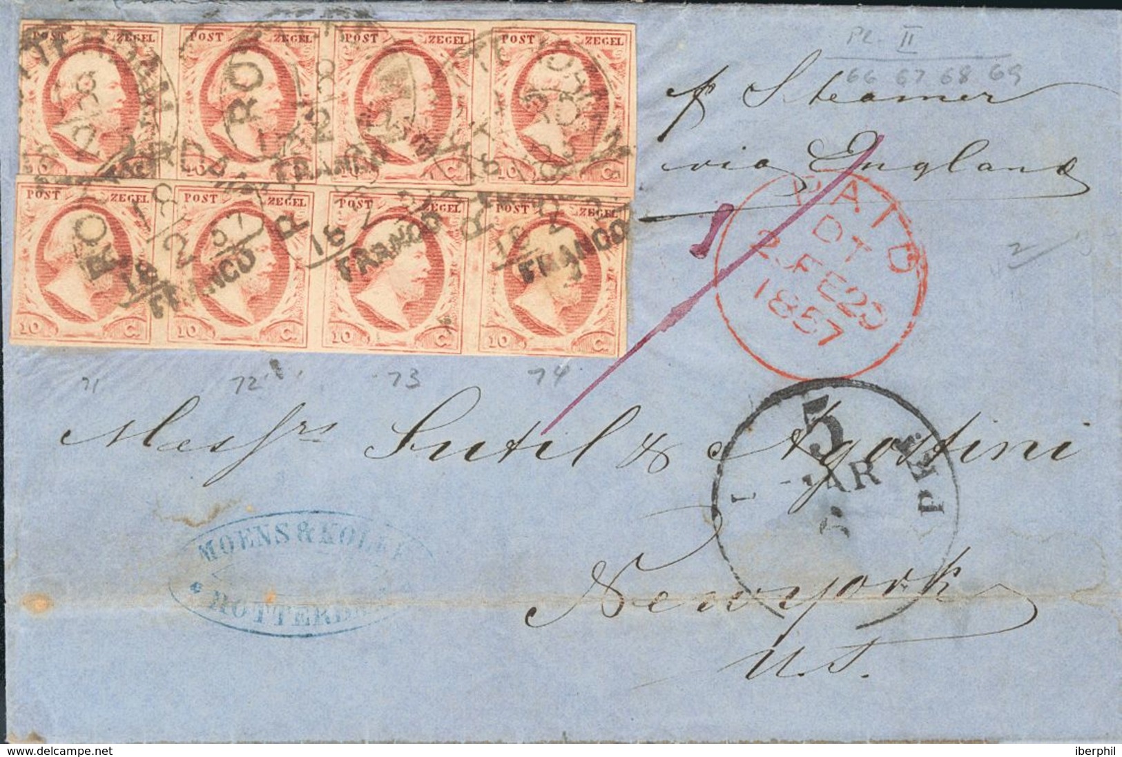 Holanda. SOBREYv . 1857. 10 Cent Red (Plate II, Position 66-69, 71-74), Two Strip Of Four (any Short Margins). ROTTERDAM - ...-1852 Vorläufer