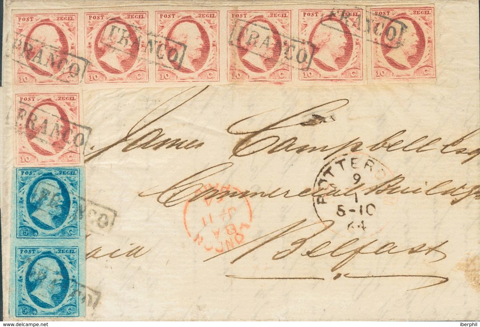 Holanda. SOBREYv 1(2), 2(7). 1864. 5 Cent Blue (Plate VI, Position 88, 93) On Thin Paper, Vertical Pair And 10 Cent Red  - ...-1852 Vorläufer