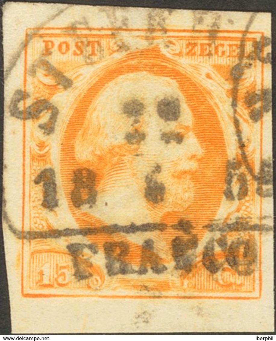 Holanda. ºYv 3. 1852. 15 Cent Dark Orange, Margin Sheet. STEENWYK Datestamp Type B (Ey 400). VERY FINE. (NVPH 3b). -- Ne - ...-1852 Préphilatélie