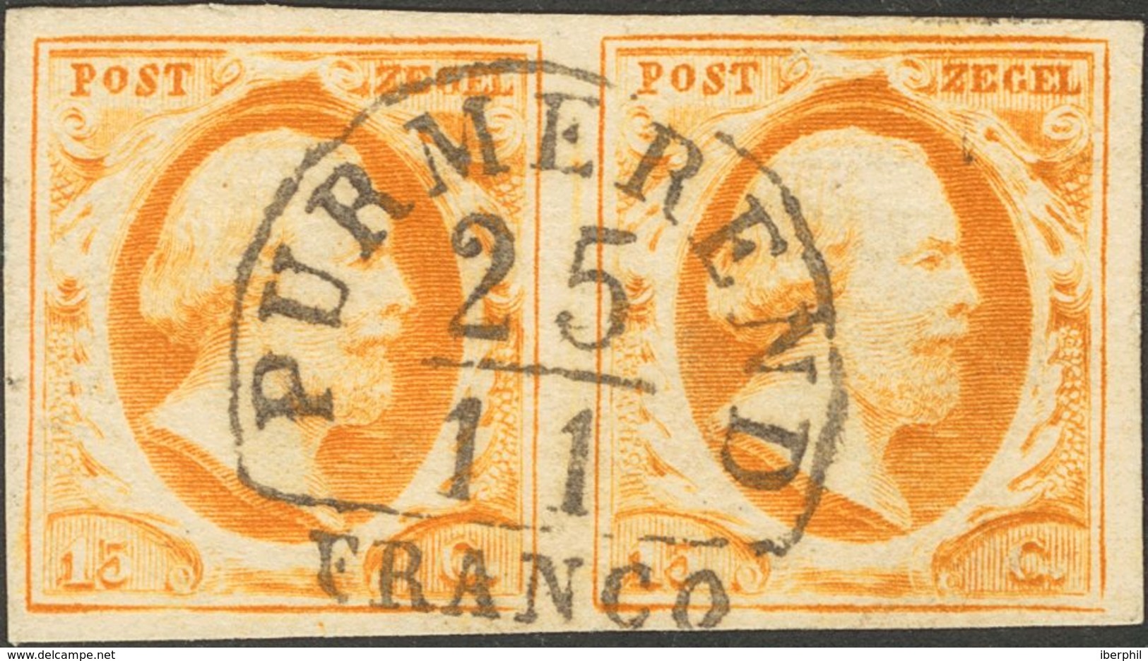 Holanda. ºYv 3(2). 1852. 15 Cent Dark Orange (Position 52-53), Pair. Neat PURMEREND Datestamp Type A (Ey 700). VERY FINE - ...-1852 Préphilatélie