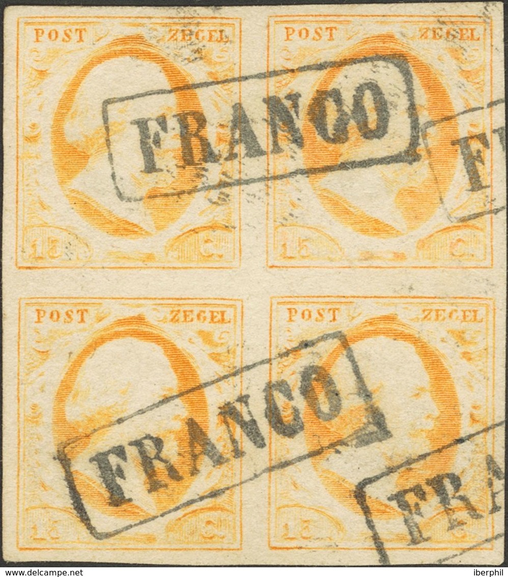 Holanda. ºYv 3(4). 1852. 15 Cent Orange Yellow (Position 76-77 And 81-82), Block Of Four. Cancelled Framed FRANCO. VERY  - ...-1852 Precursores