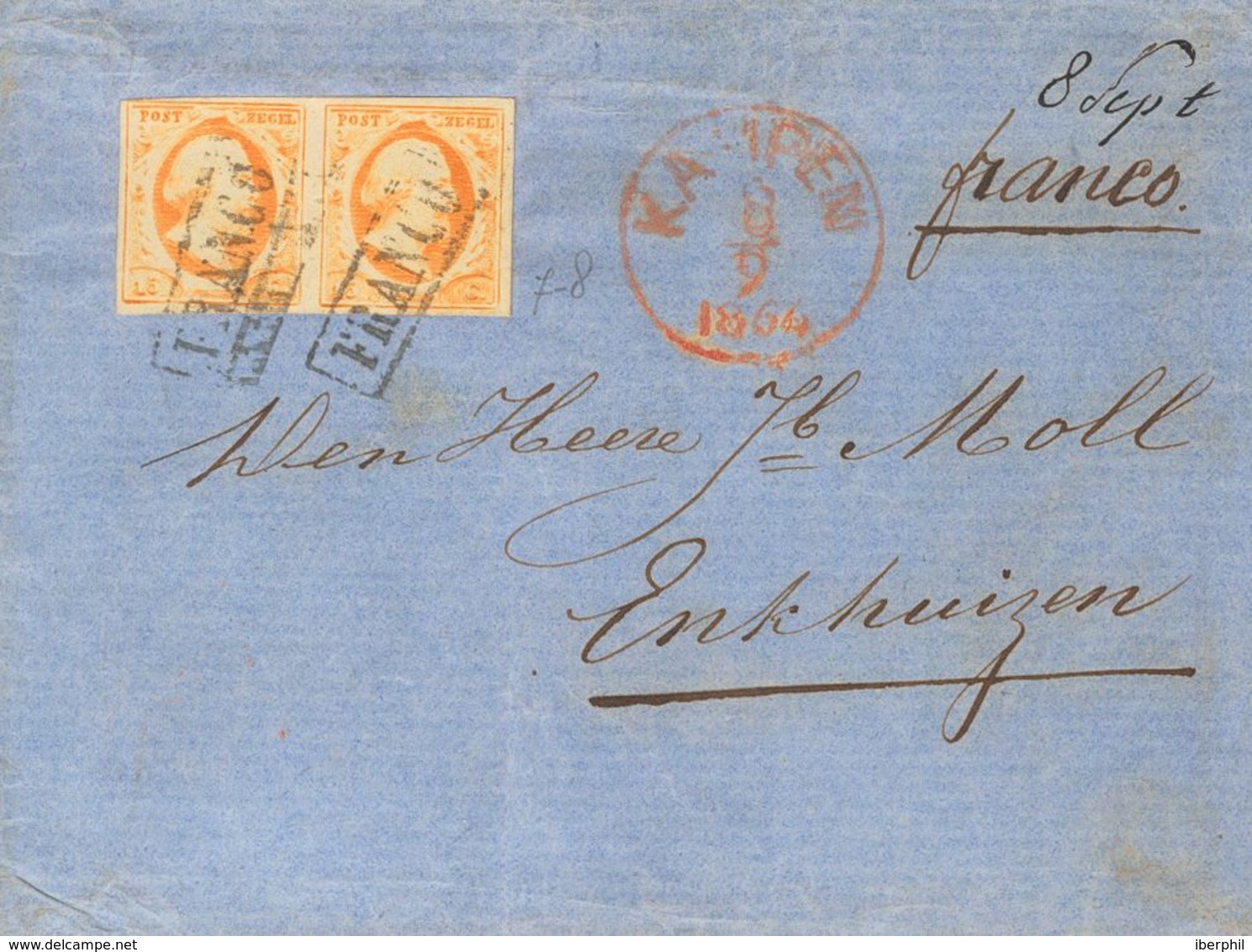 Holanda. SOBREYv 3(2). 1864. 15 Cent Orange (Position 7-8), Pair. KAMPEN To ENKHUIZEN. Cancelled By Framed FRANCO. VERY  - ...-1852 Vorläufer