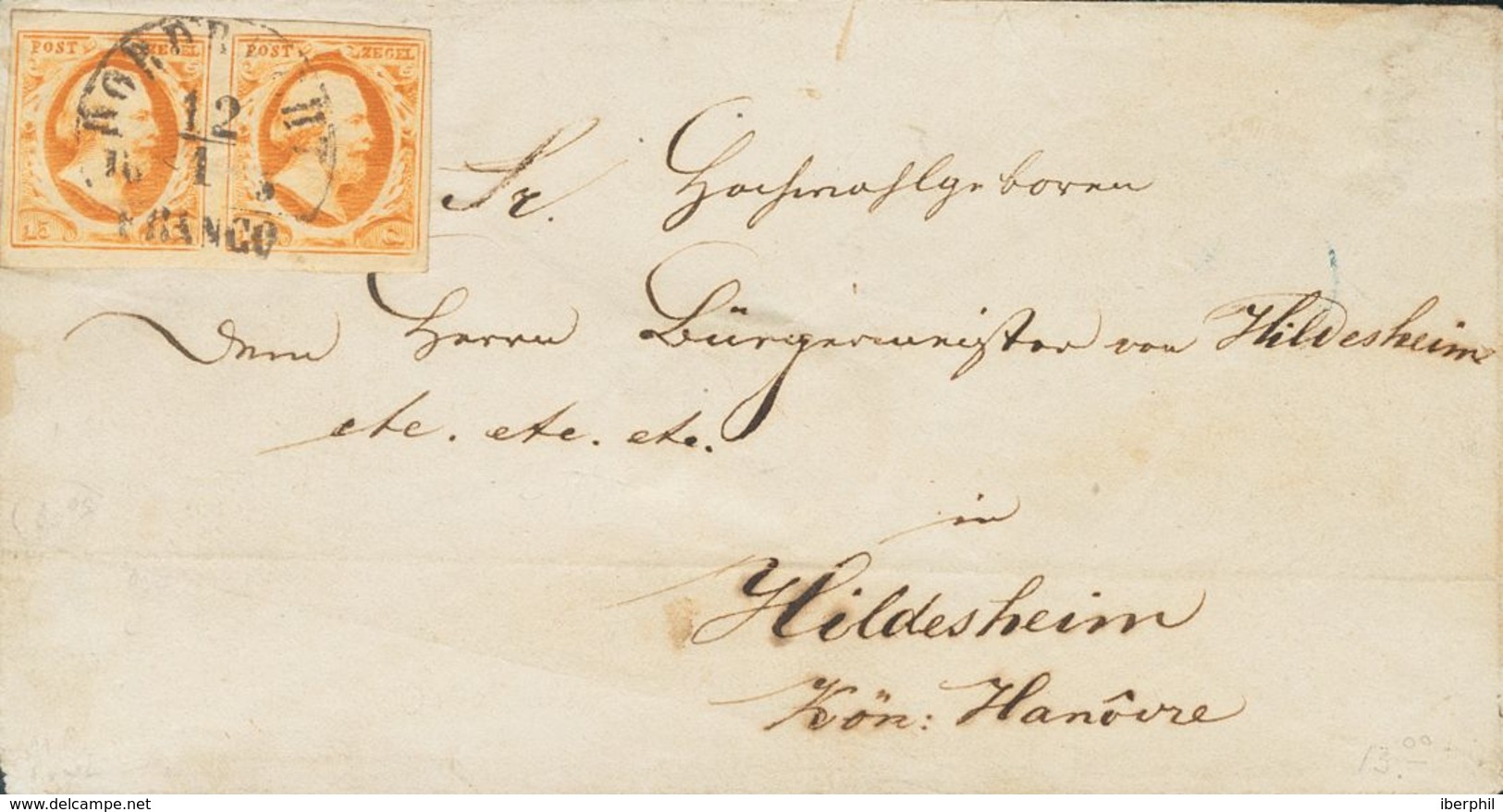 Holanda. SOBREYv 3(2). 1855. 15 Cent Dark Orange (Position 23-24), Pair. DORDRECHT A HILDESHEIM (HANNOVER). Cancelled Wi - ...-1852 Vorläufer