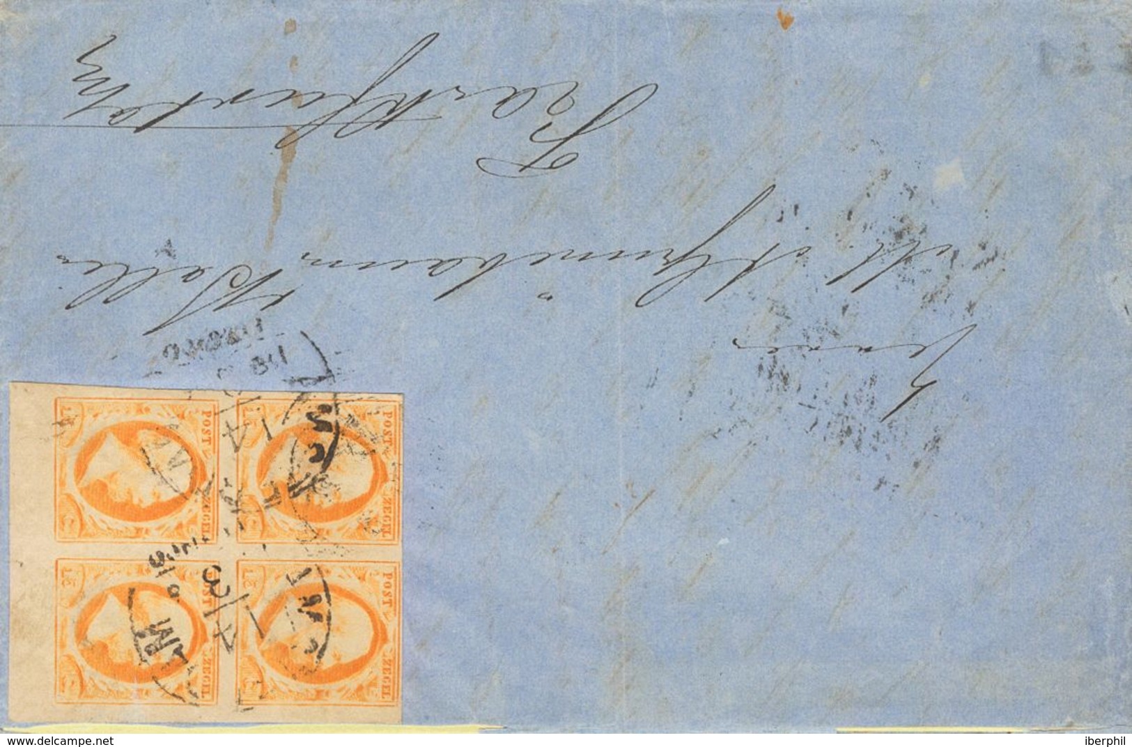 Holanda. SOBREYv 3(4). 1858. 15 Cent Dark Orange (Position 44-45, 49-50), Block Of Four With Margin Sheet (complete Marg - ...-1852 Préphilatélie