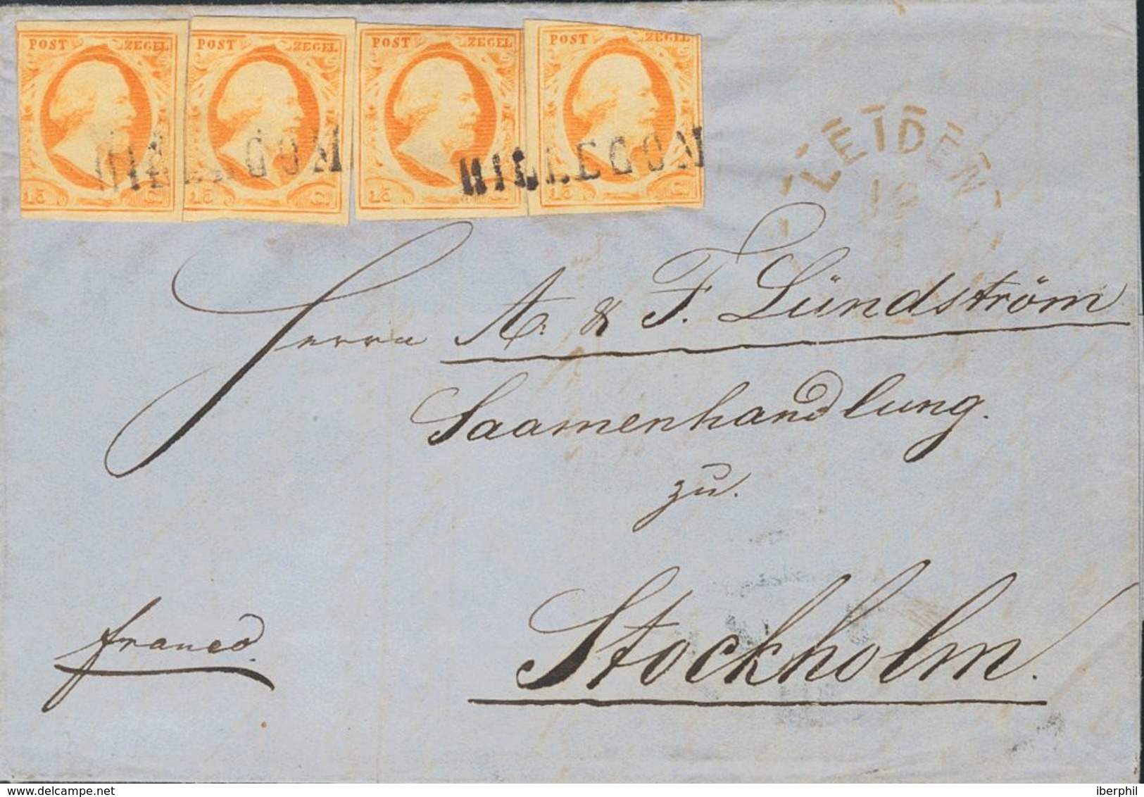 Holanda. SOBREYv . 1861. 15 Cts Orange, Four Stamps (short Margins). HILLEGOM To STOCKHOLM (SWEDEN). Cancelled With Line - ...-1852 Vorläufer