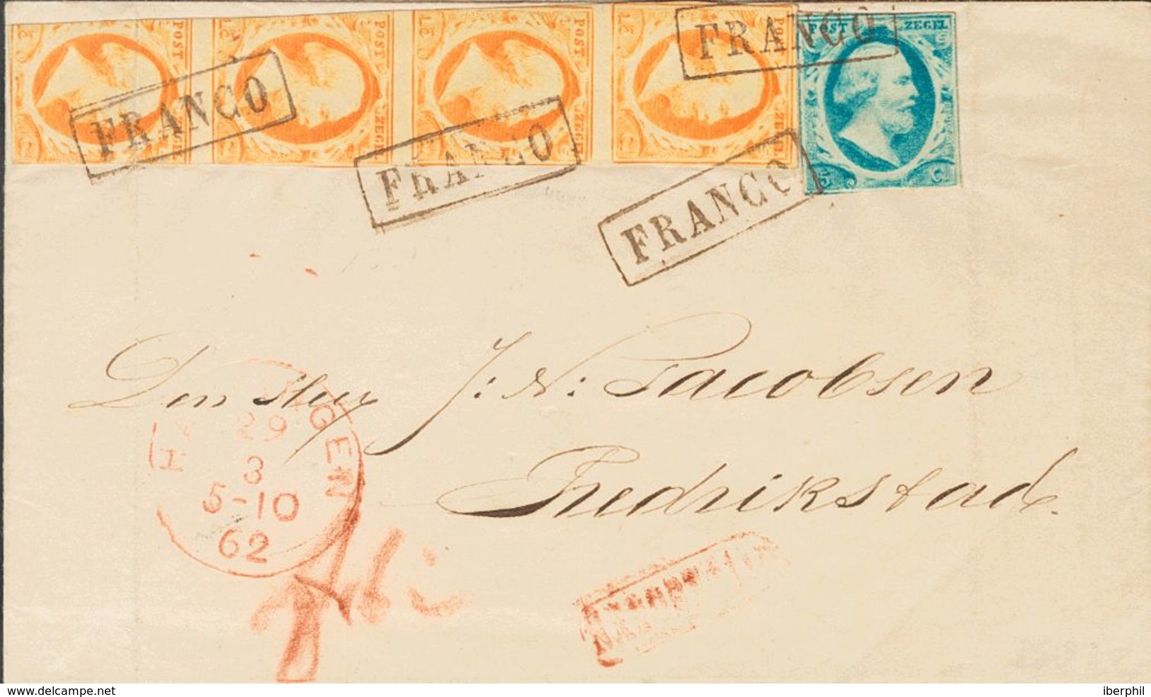 Holanda. SOBREYv . 1862. 5 Cent Blue (Plate V) And 15 Cent Orange, Strip Of Four (short Margins). HARLINGEN To FREDERICK - ...-1852 Vorläufer