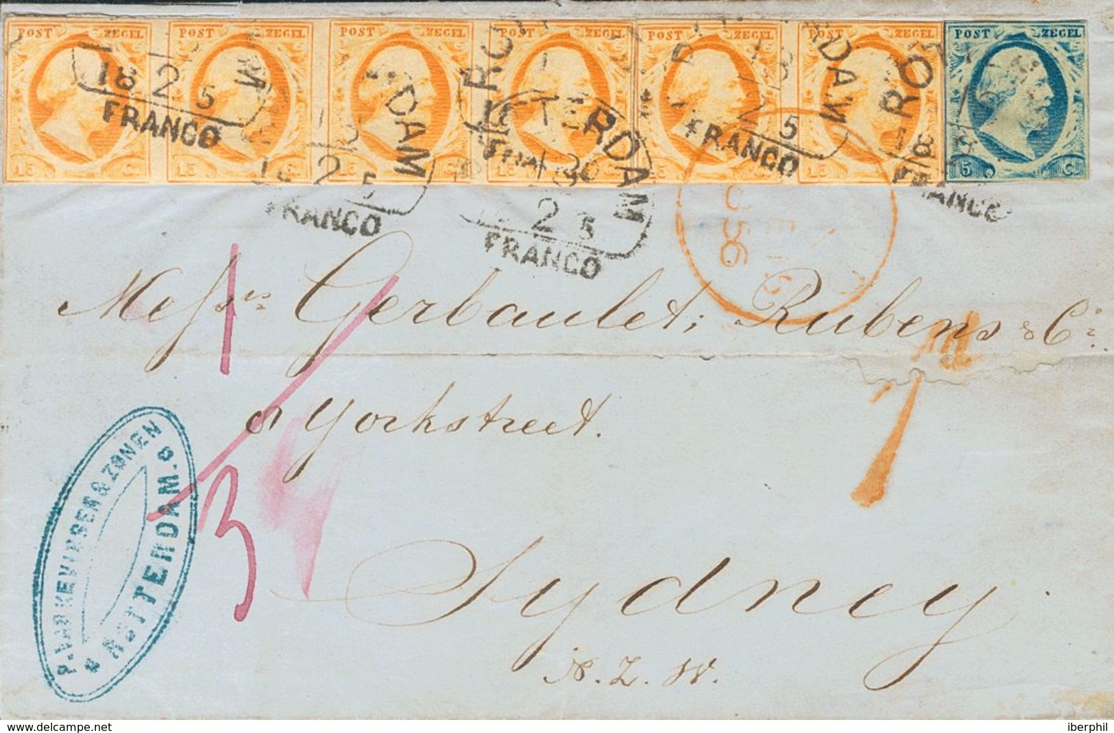 Holanda. SOBREYv . 1856. 5 Cent Blue (Plate III) And 15 Cent Dark Orange, Strip Of Four And Pair. ROTTERDAM To SYDNEY (A - ...-1852 Vorläufer