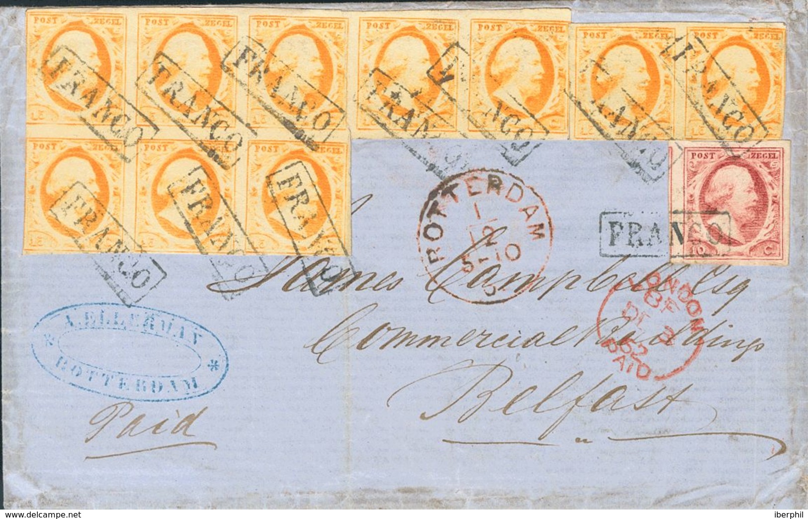 Holanda. SOBREYv . 1862. 10 Cent Pink Carmine (Plate VIII) And 15 Cent Orange, Block Of Eight And Pair. ROTTERDAM To BEL - ...-1852 Vorläufer