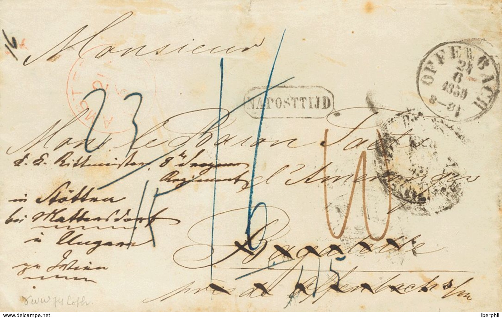 Holanda. SOBREYv . 1859. AMSTERDAM To OFFENBACH (GERMANY), Readdressed To LUGANO (SWITZERLAND). Send Without Stamps And  - ...-1852 Vorläufer