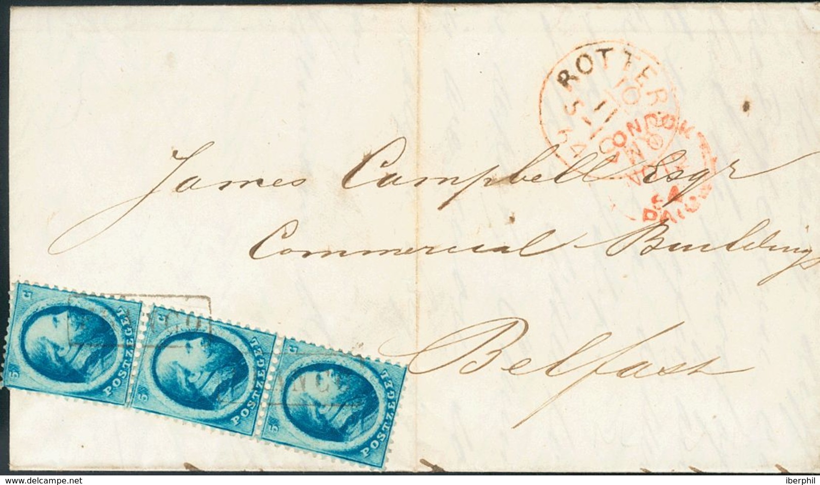 Holanda. SOBREYv . 1864. 5 Cent Blue, One Stamp And Pair. ROTTERDAM To BELFAST (NORTH IRELAND). Cancelled With Framed FR - ...-1852 Vorläufer