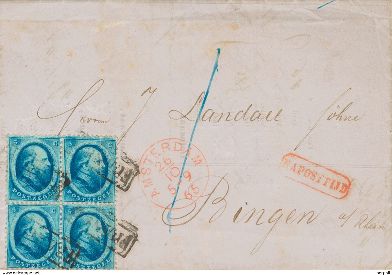 Holanda. SOBREYv 4(4). 1865. 5 Cent Blue, Block Of Four (vertical Fold Of File On Two Stamps). AMSTERDAM To BINGEN (HESS - ...-1852 Préphilatélie