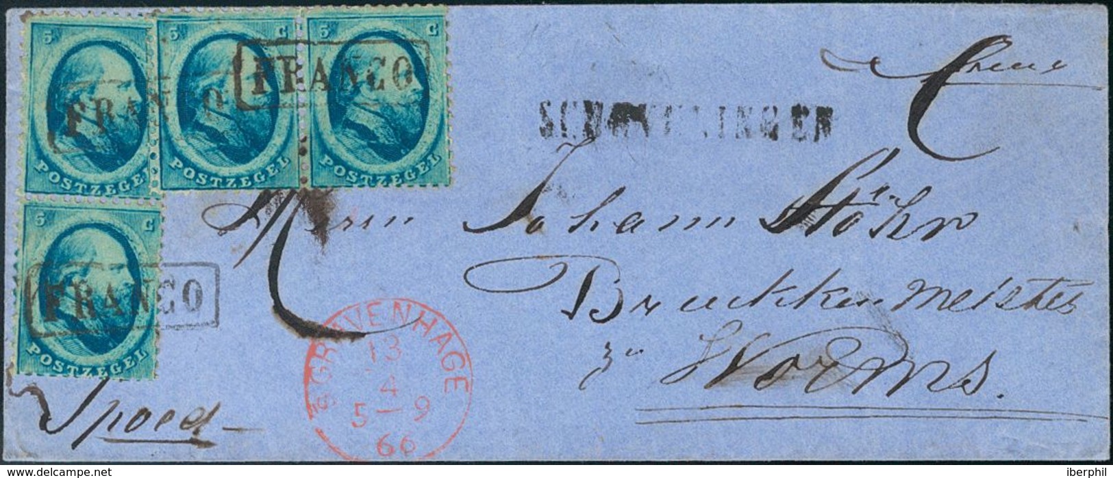 Holanda. SOBREYv 4(4). 1866. 5 Cent Blue, Two Pairs. SCHEVENINGEN To WORMS (GERMANY). Cancelled With Framed FRANCO, On F - ...-1852 Prephilately