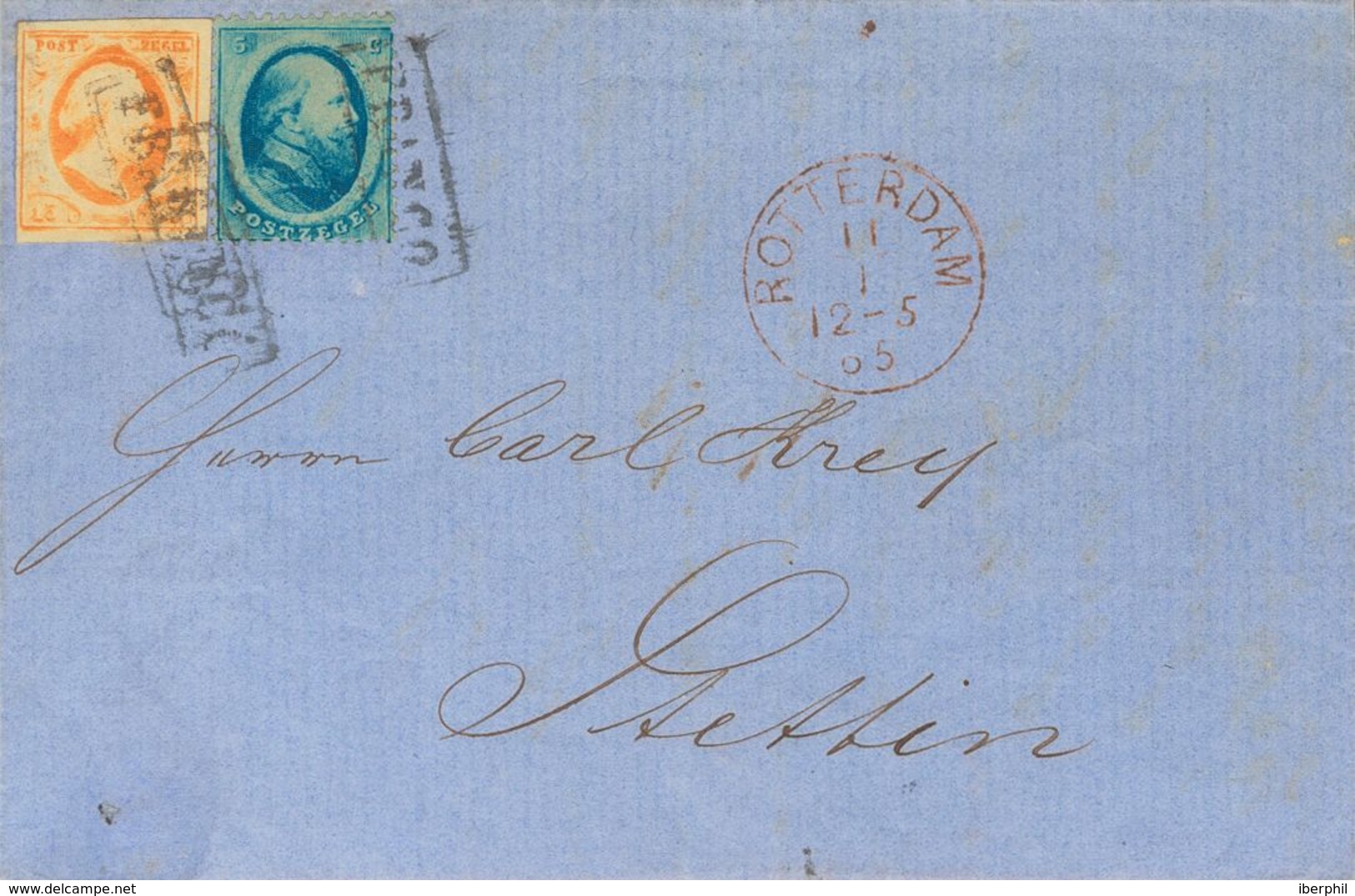 Holanda. SOBREYv 3, 4. 1865. 15 Cent Orange And 5 Cent Blue Of 1864 Issue (Utrech Print). ROTTERDAM To STETTIN (PRUSSIA, - ...-1852 Vorläufer