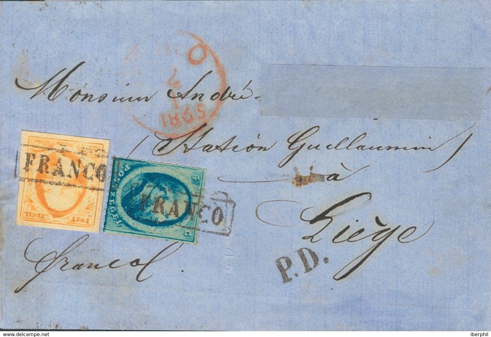 Holanda. SOBREYv 3, 4. 1865. 15 Cent Orange And 5 Cent Blue Of 1864 Issue (short Perforations.). VENLO To LIEGE (BELGIUM - ...-1852 Vorläufer