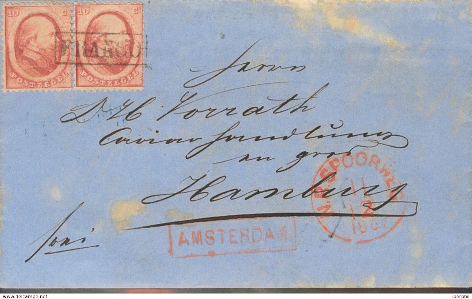 Holanda. SOBREYv 5(2). 1867. 10 Cent Red, Two Stamps. AMSTERDAM To HAMBURG (GERMANY). On Front N.R. SPOORWEG (Railway) I - ...-1852 Préphilatélie