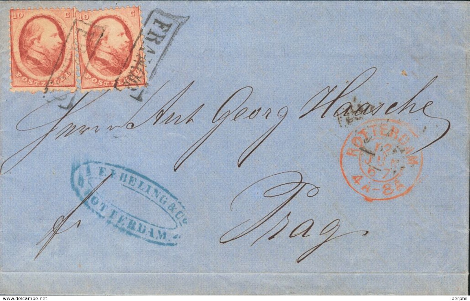 Holanda. SOBREYv . 1867. 10 Cent Red, Two Stamps. ROTTERDAM To PRAGUE (present Day CZECH REPUBLIC). VERY FINE. (NVPH 5). - ...-1852 Préphilatélie