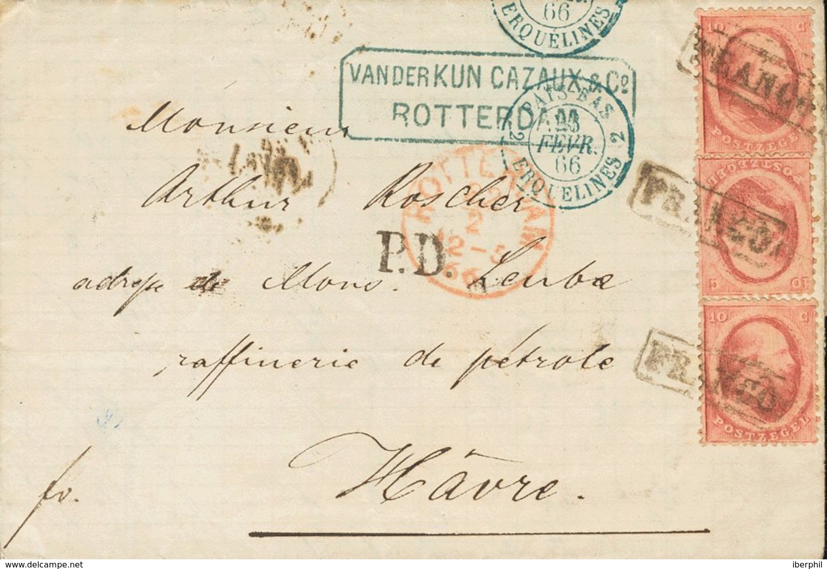 Holanda. SOBREYv 5(3). 1866. 10 Cent Red, Three Stamps (bottom Stamp Minimal Fold). ROTTERDAM To THE HAGUE. Addressed Vi - ...-1852 Precursores
