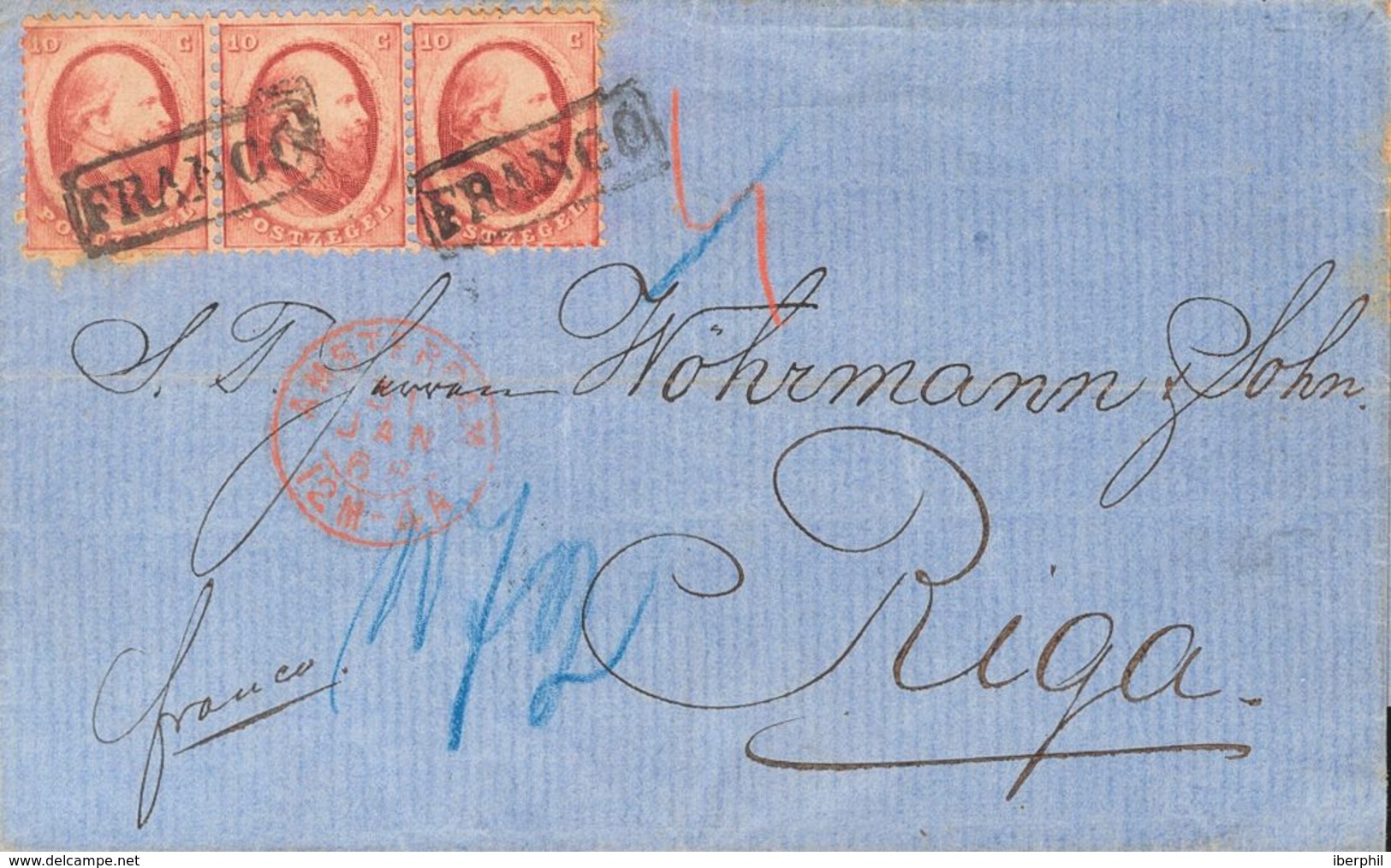 Holanda. SOBREYv . 1868. 10 Cent Red, Strip Of Three (lightly Toned). AMSTERDAM To RIGA (LATVIA). On Front AMSTERDAM Dat - ...-1852 Prephilately