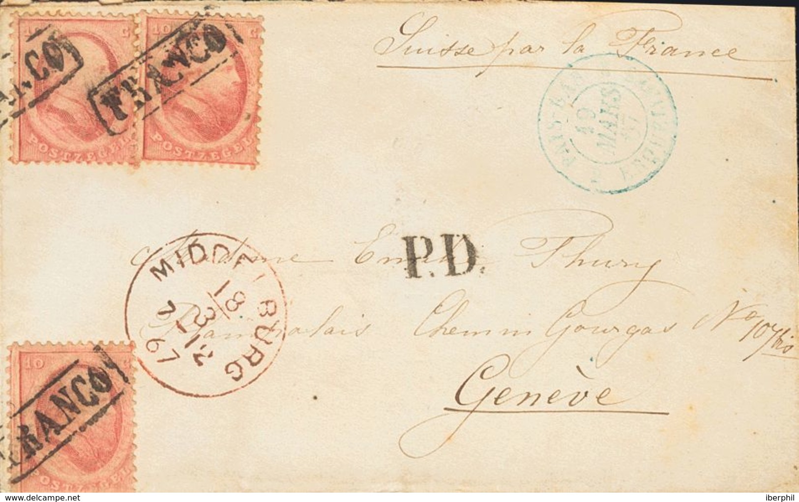 Holanda. SOBREYv . 1867. 10 Cent Red, Three Stamps. MIDDELBURG To GENEVE (SWITZERLAND). Addressed Via France. VERY FINE. - ...-1852 Precursores