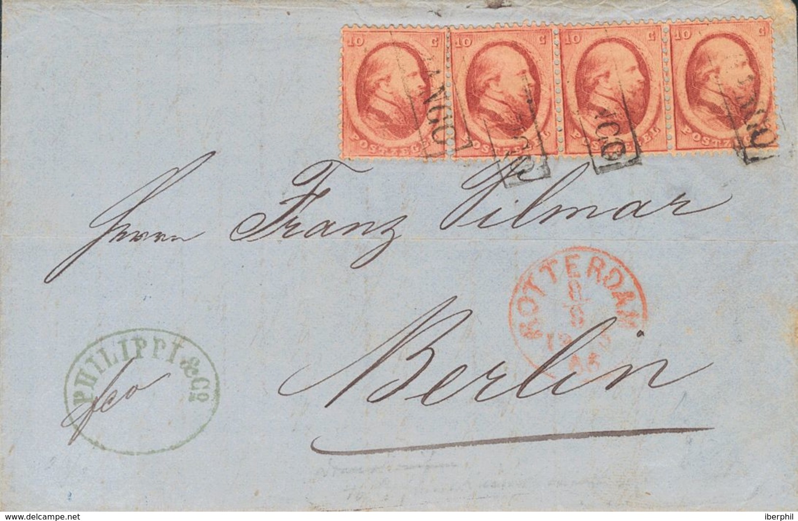 Holanda. SOBREYv 5(3). 1865. 10 Cent Red, Stamp And Strip Of Three. ROTTERDAM To BERLIN (GERMANY). Cancelled With Framed - ...-1852 Vorläufer