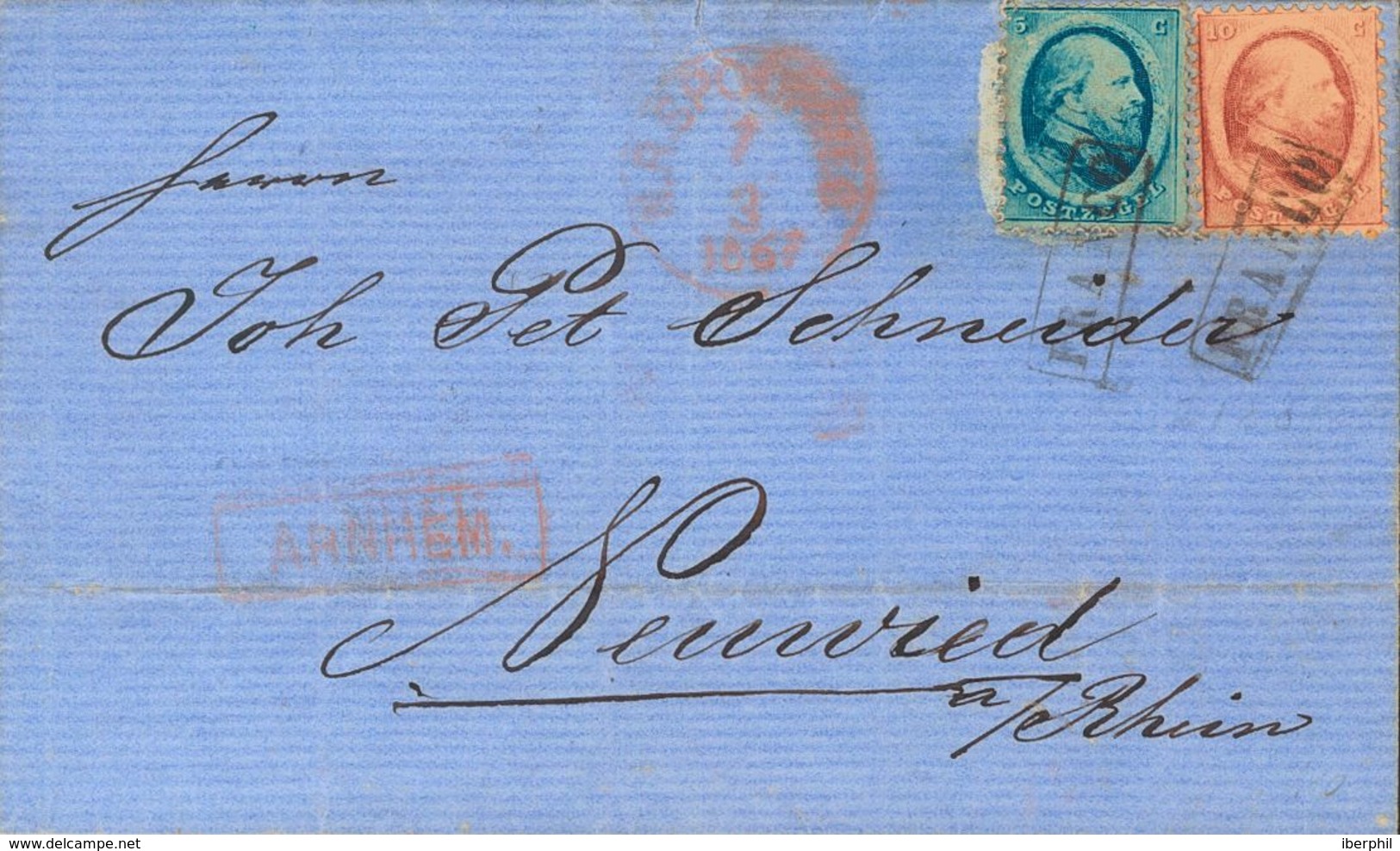 Holanda. SOBREYv 4, 5. 1867. 5 Cent Blue (corner Fold And Short Perforations) And 10 Cent Red. ARNHEM To NEUWIED (PRUSSI - ...-1852 Préphilatélie