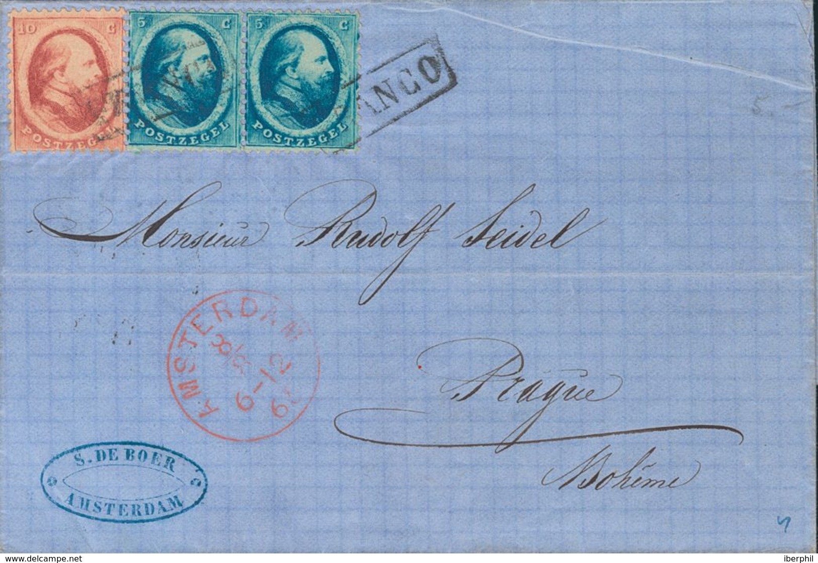 Holanda. SOBREYv . 1865. 5 Cent Blue, Pair And 10 Cent Red. AMSTERDAM To PRAGUE (present Day CZECH REPUBLIC). VERY FINE. - ...-1852 Vorläufer