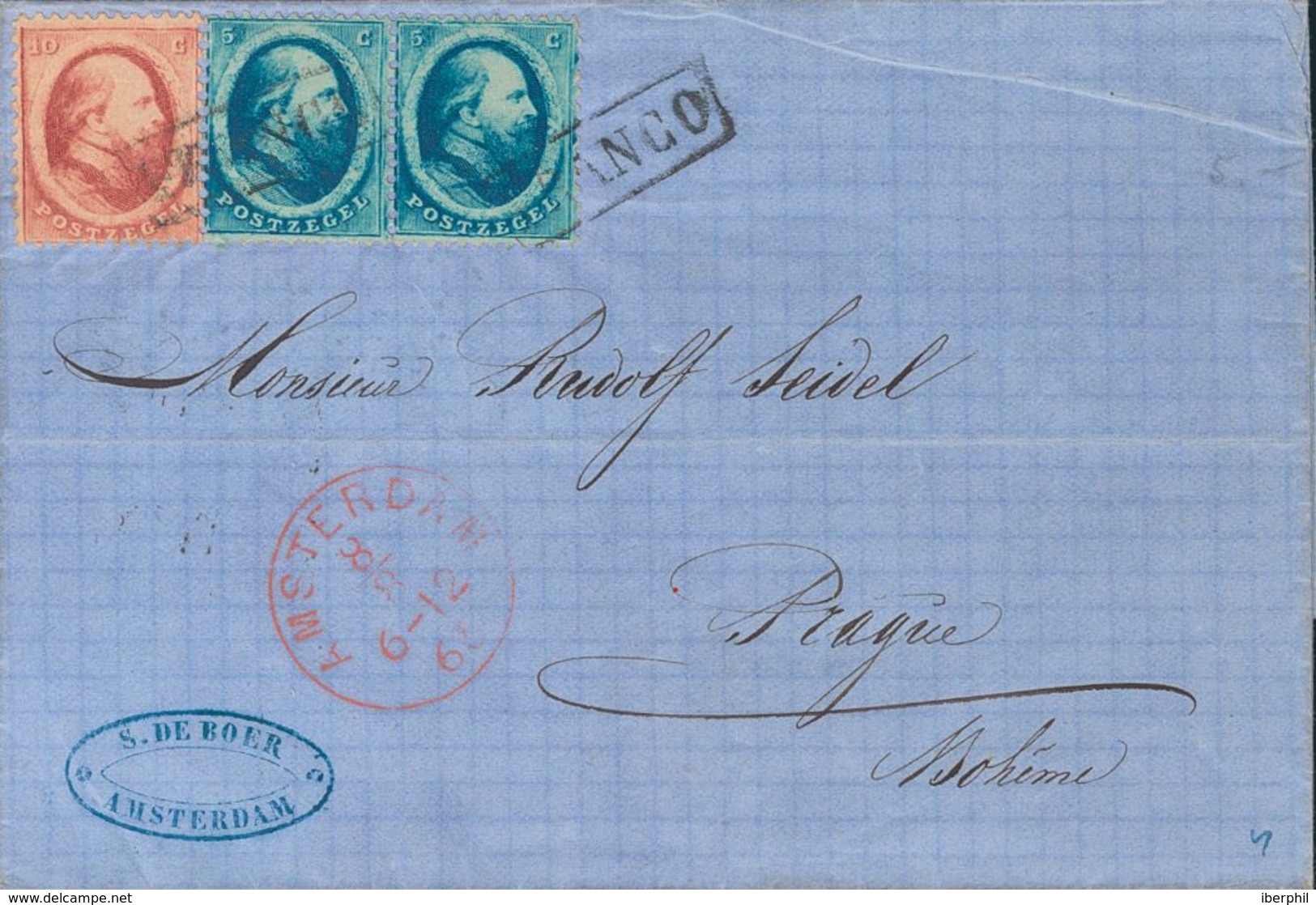 Holanda. SOBREYv . 1865. 5 Cent Blue, Pair And 10 Cent Red. AMSTERDAM To PRAGUE (present Day CZECH REPUBLIC). VERY FINE. - ...-1852 Voorlopers