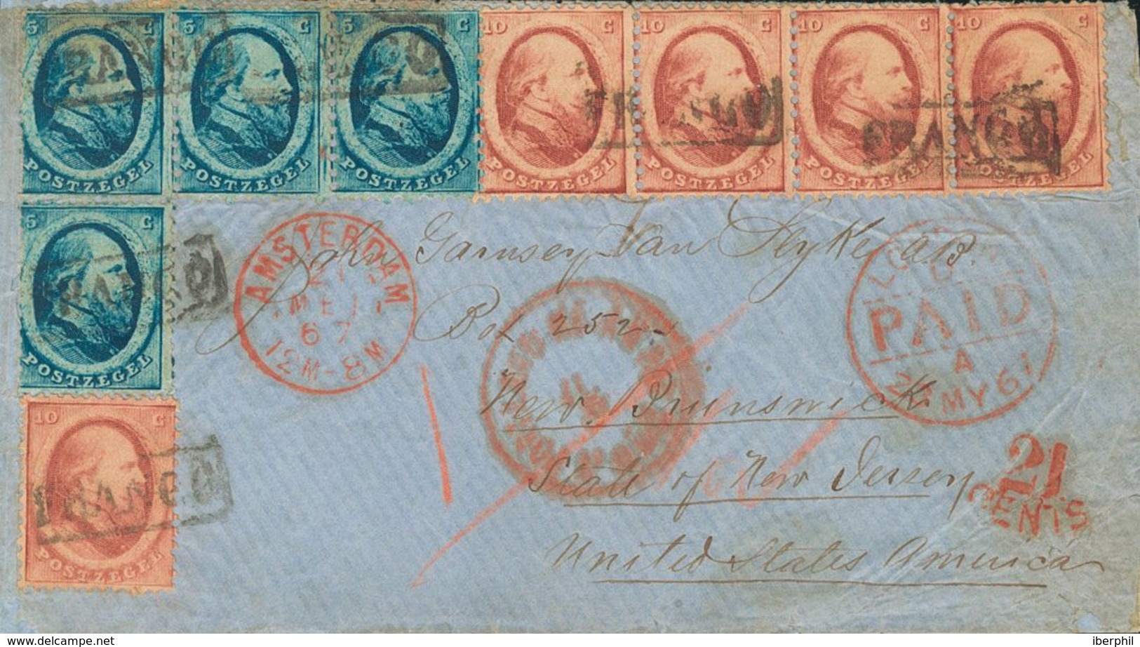 Holanda. SOBREYv . 1867. 5 Cent Blue, Corner Strip Of Four And 10 Cent Red, One Stamp And Strip Of Four (any Short Perfo - ...-1852 Prephilately
