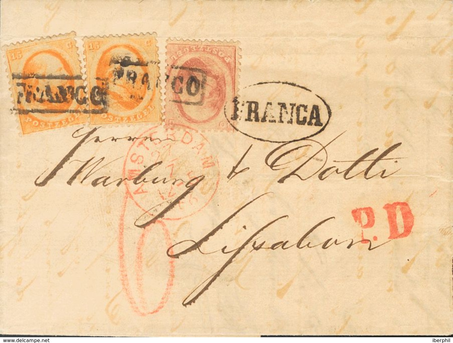 Holanda. SOBREYv . 1866. 10 Cent Red And 15 Cent Orange, Two Stamps. AMSTERDAM To LISBON (PORTUGAL). On Front Datestamp  - ...-1852 Vorläufer