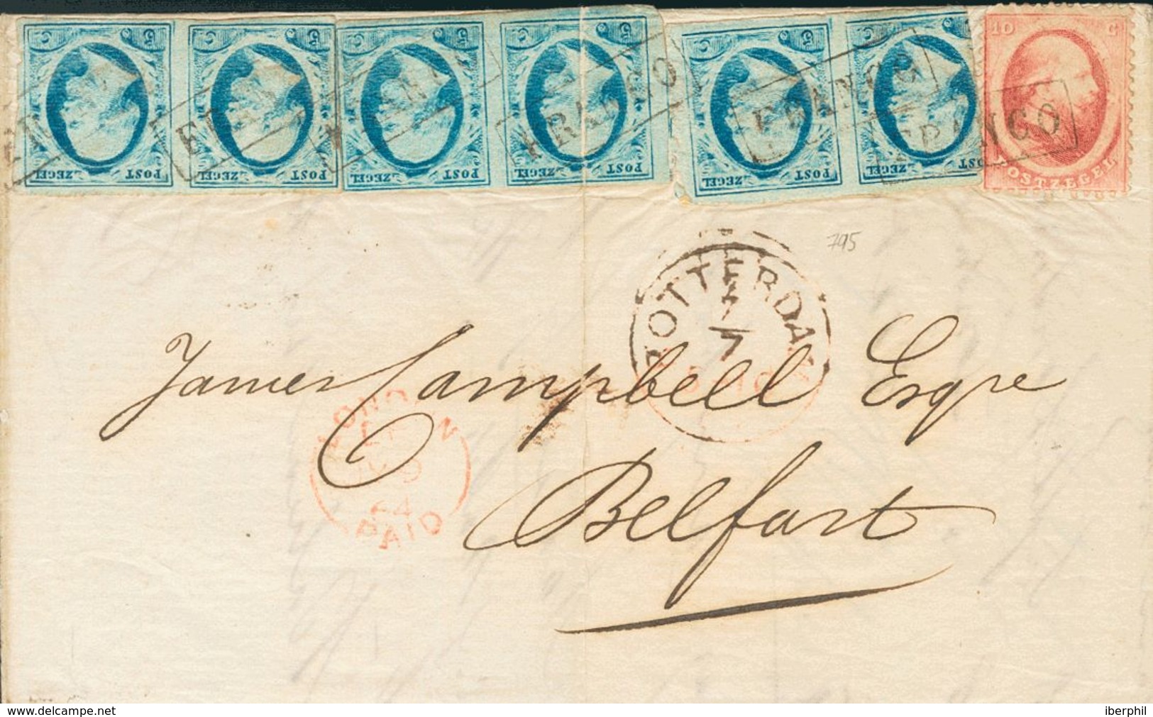 Holanda. SOBREYv . 1864. 5 Cent Blue (Plate VI) On Thin Paper, Three Pairs (one Stamp File Fold) And 10 Cent Red Of 1864 - ...-1852 Préphilatélie