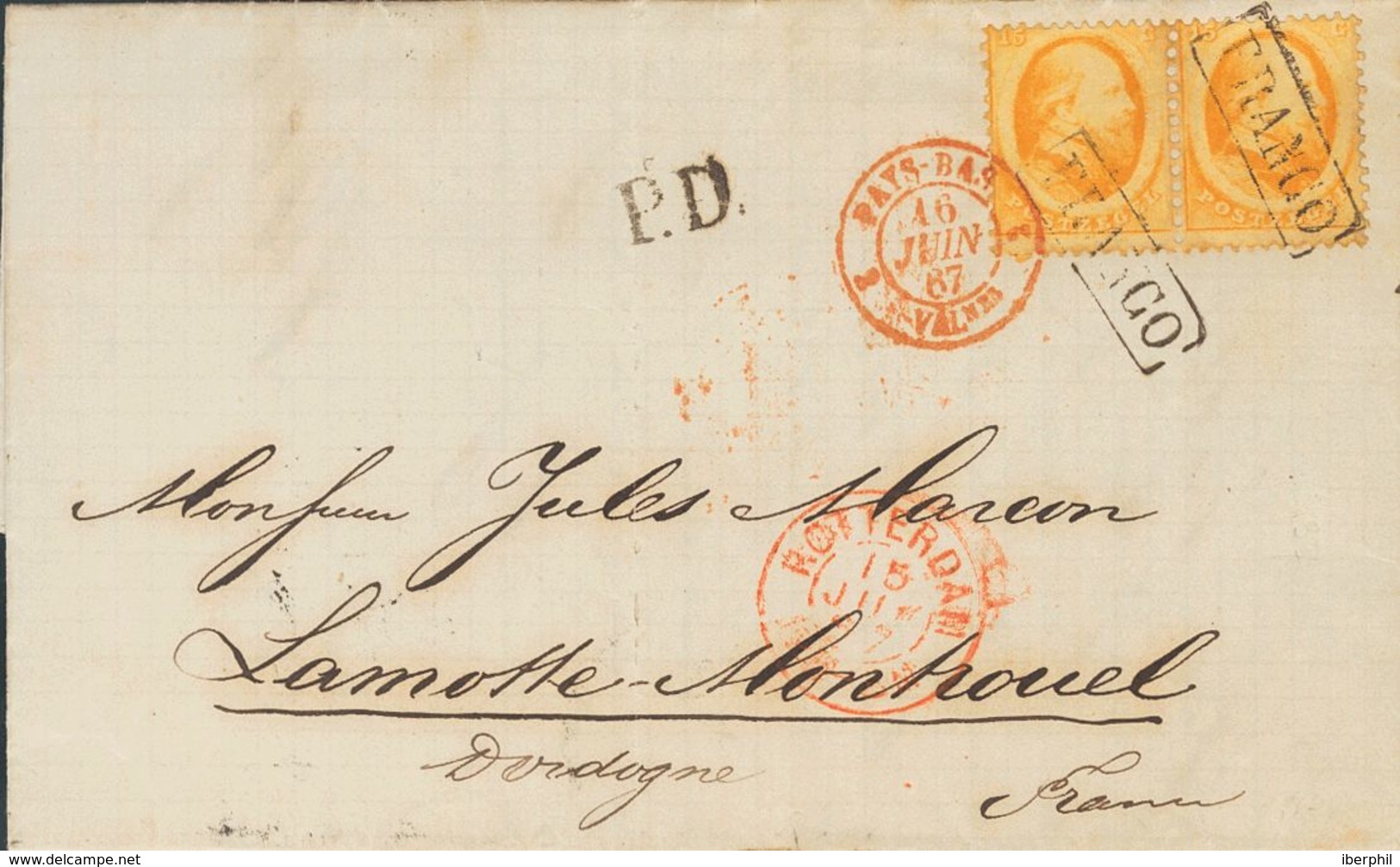 Holanda. SOBREYv 6(2). 1867. 15 Cent Orange, Pair. ROTTERDAM To LAMOTTE MONTRAVEL (FRANCE). Cancelled With Framed FRANCO - ...-1852 Prephilately