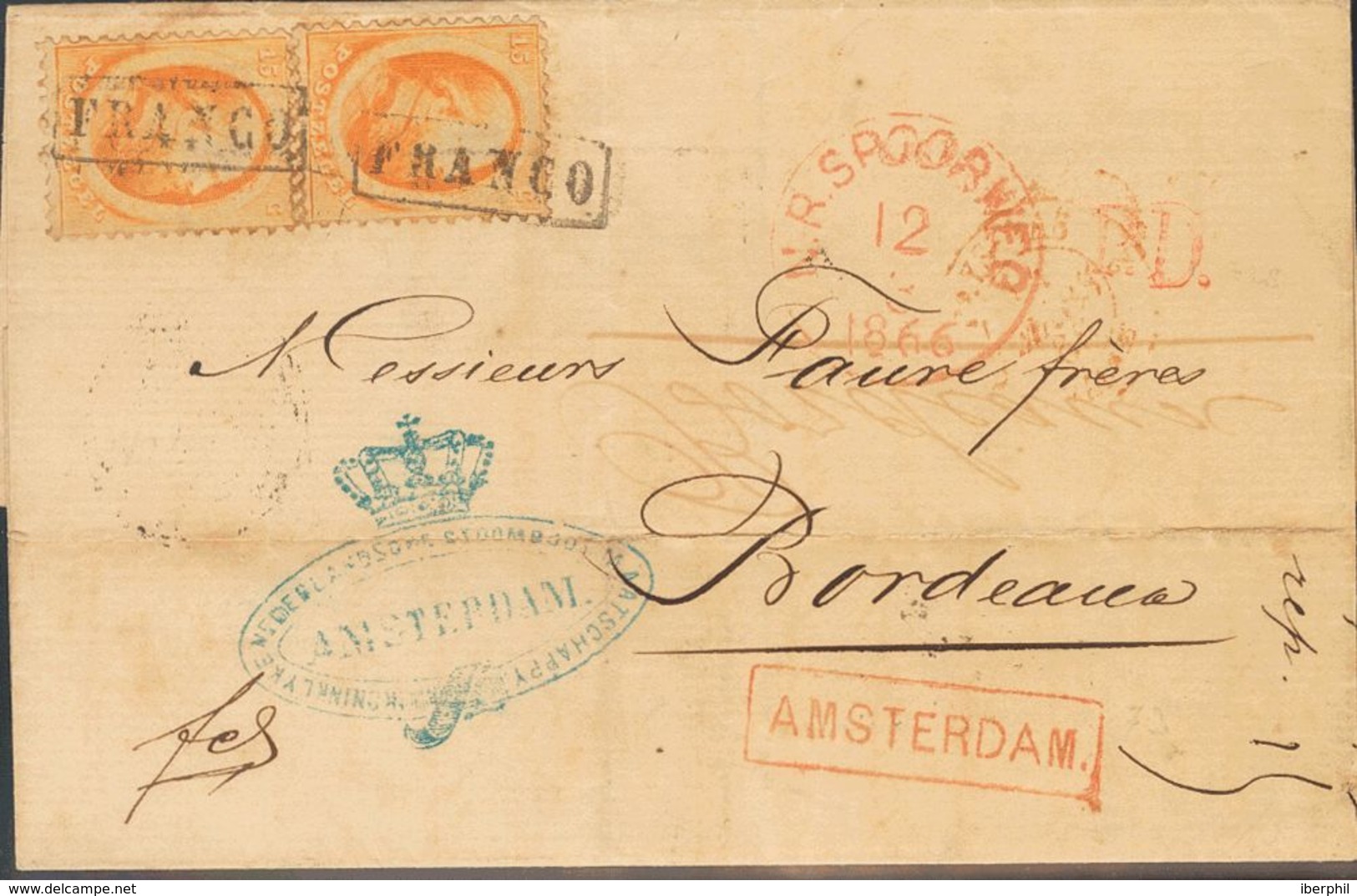 Holanda. SOBREYv 6(2). 1866. 15 Cent Orange, Two Stamps. AMSTERDAM To BORDEAUX (FRANCE). On Front Red Boxed AMSTERDAM An - ...-1852 Vorläufer