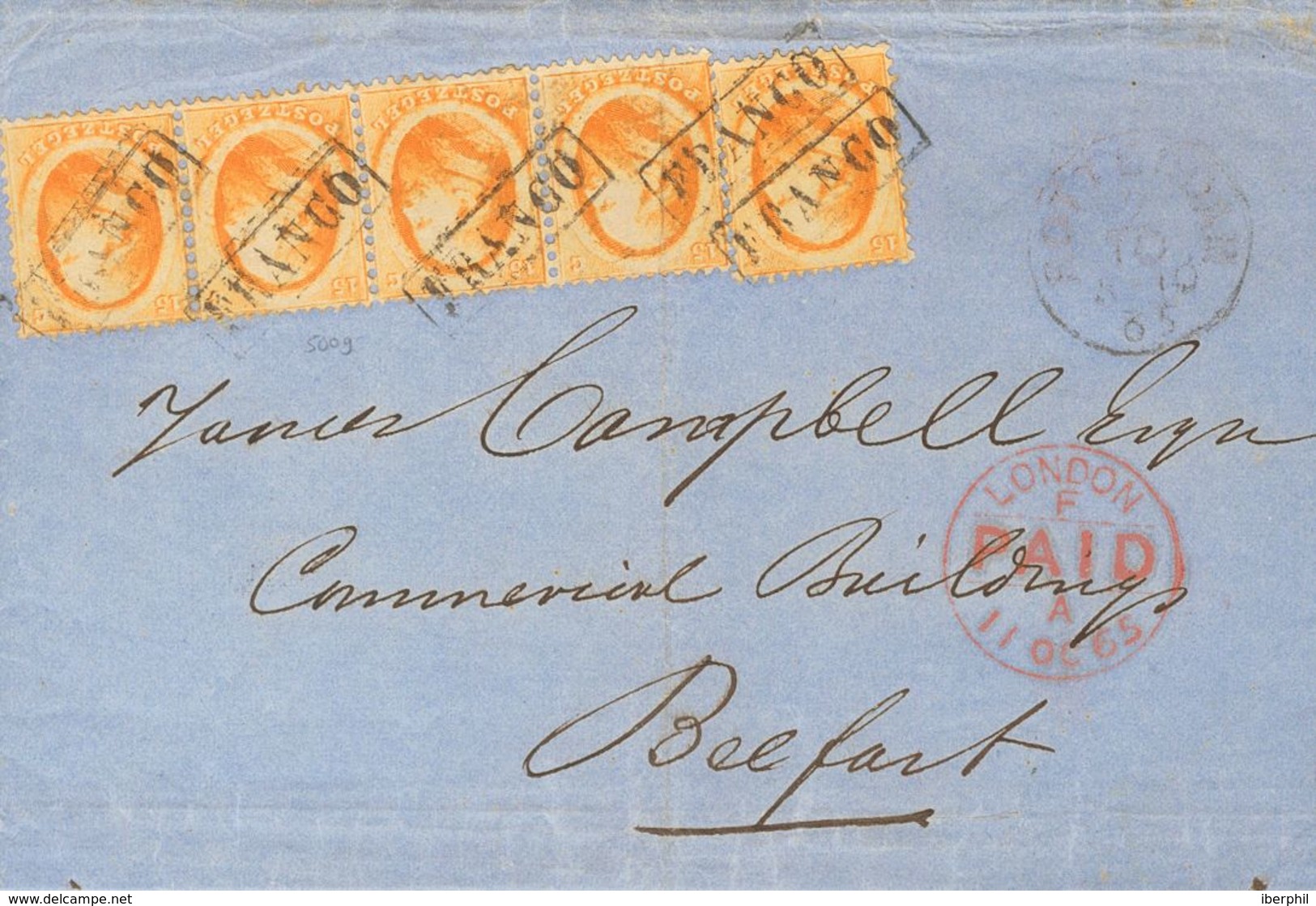 Holanda. SOBREYv . 1865. 15 Cent Orange, Strip Of Four (one With File Fold) An One Stamp. ROTTERDAM To BELFAST (NORTH IR - ...-1852 Préphilatélie