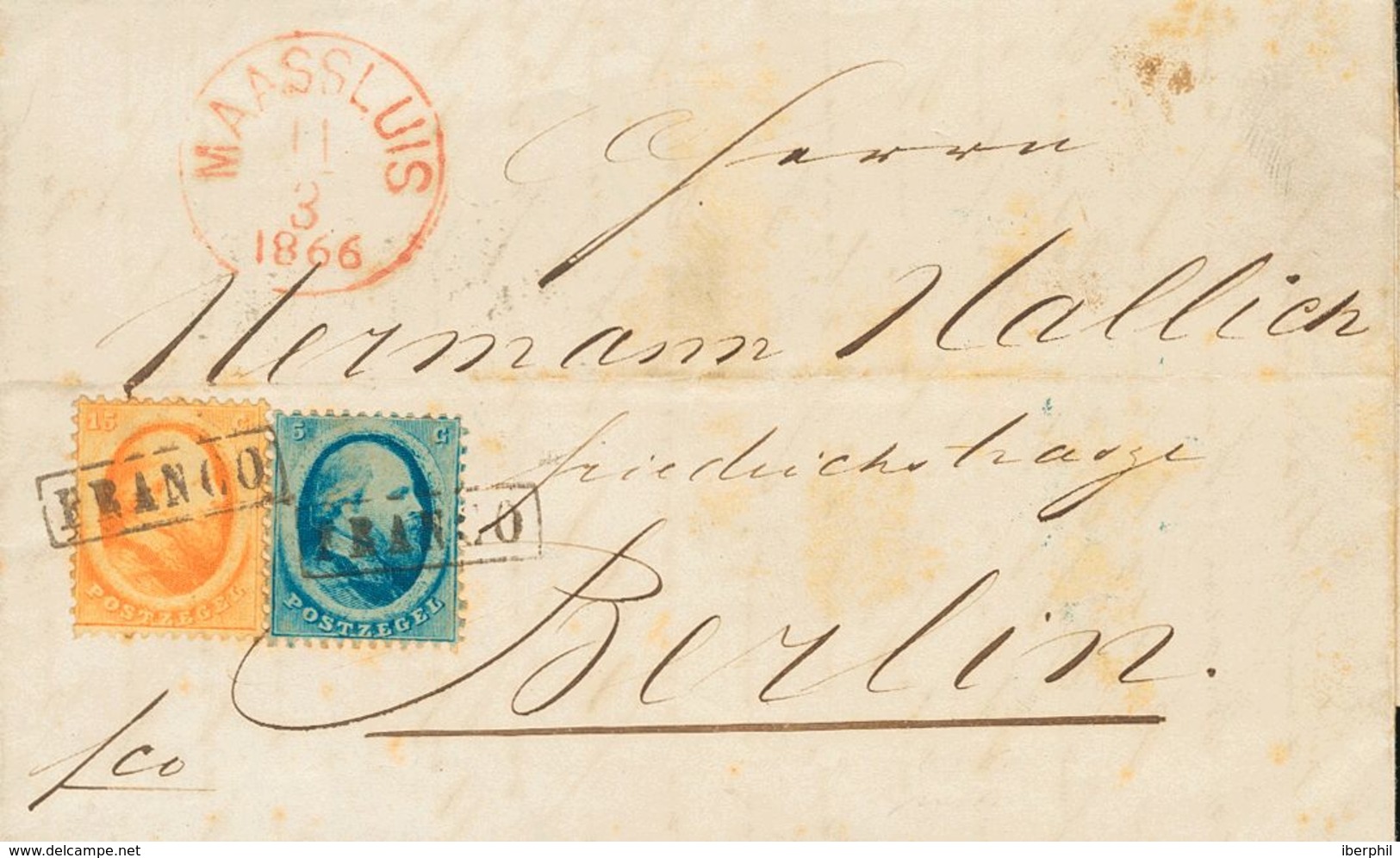 Holanda. SOBREYv 4, 6. 1866. 5 Cent Blue And 15 Cent Orange. MAASSLUIS To BERLIN (GERMANY). Cancelled With Framed FRANCO - ...-1852 Préphilatélie