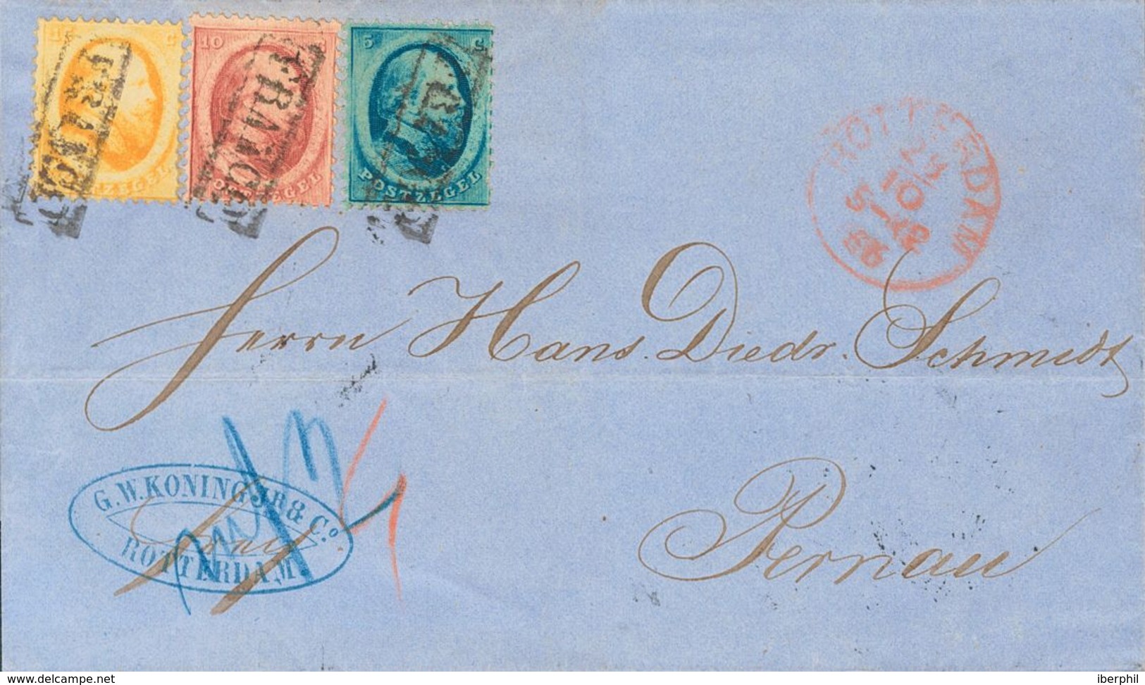 Holanda. SOBREYv . 1866. 5 Cent Blue (short Perforation), 10 Cent Red And 15 Cent Orange. ROTTERDAM To PERNAU (ESTLAND). - ...-1852 Vorläufer