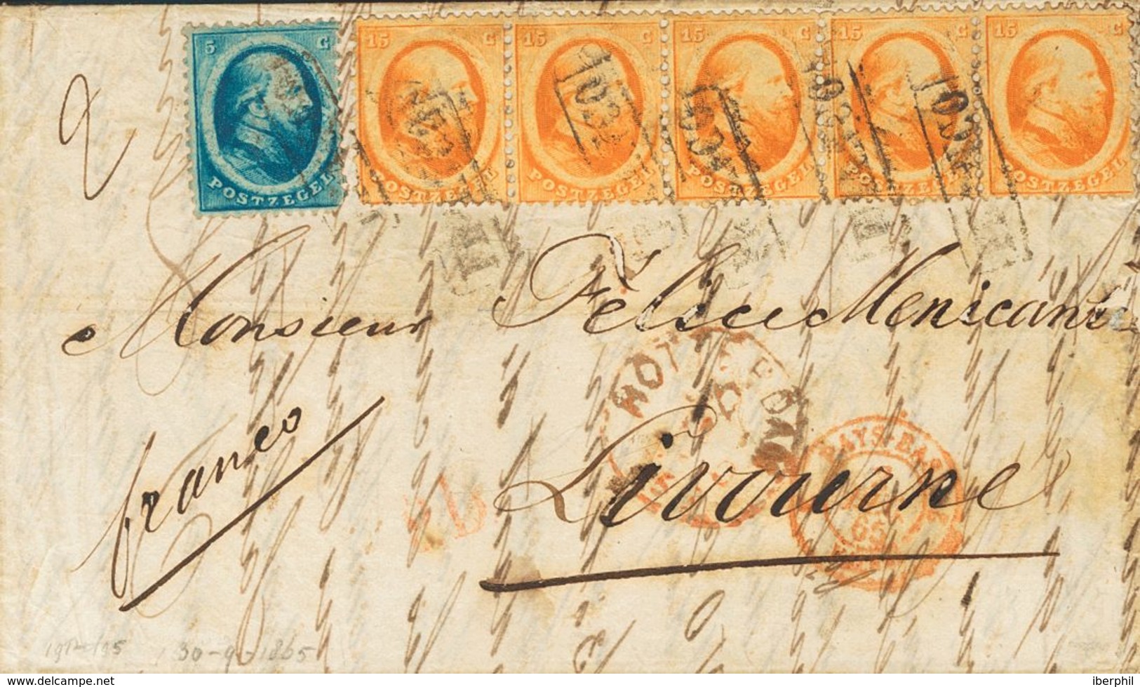 Holanda. SOBREYv . 1865. 5 Cent Blue (short Perforation) And 15 Cent Orange, Strip Of Five. ROTTERDAM To LIVORNO (ITALY) - ...-1852 Precursores