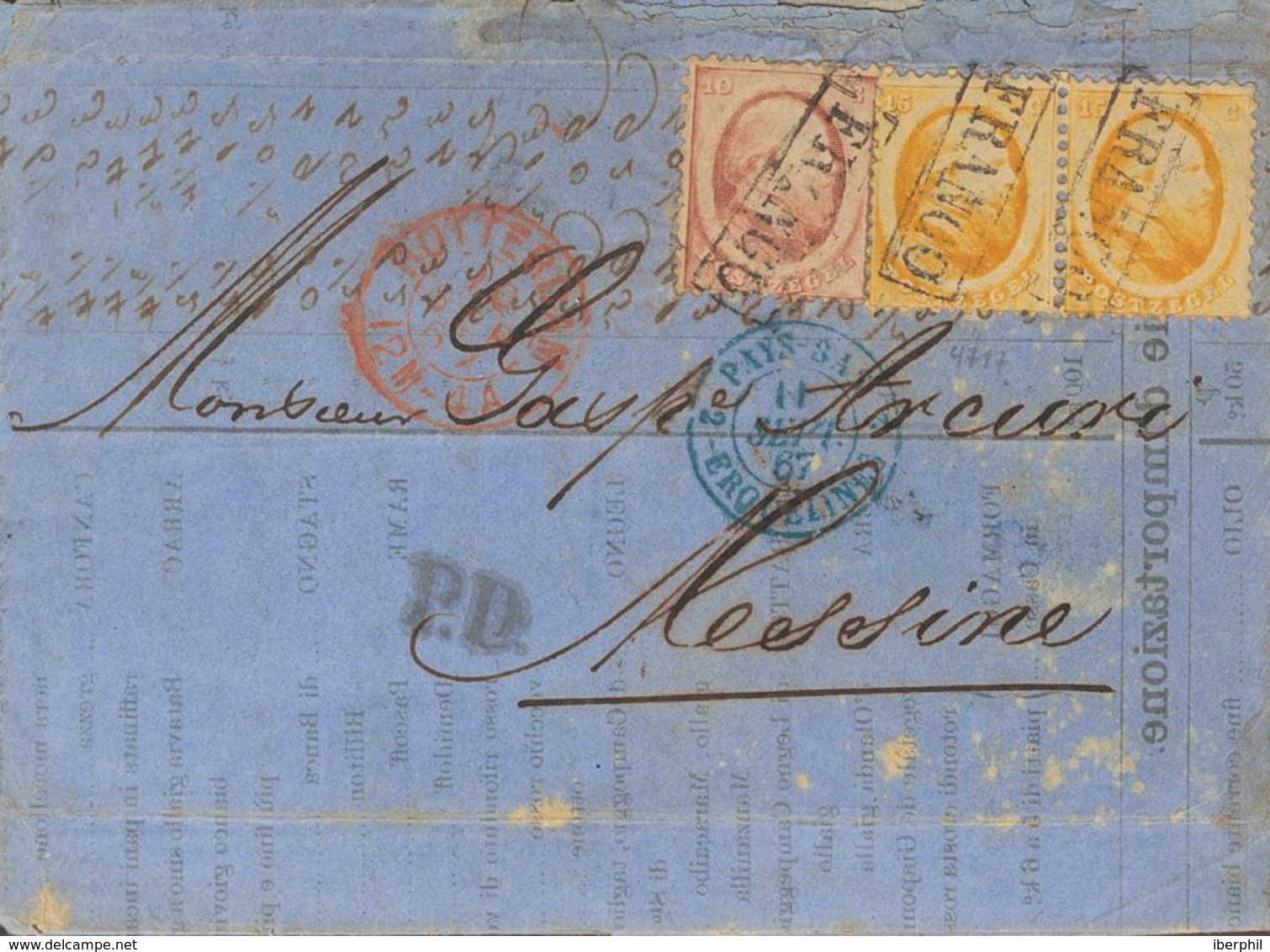 Holanda. SOBREYv . 1867. 10 Cent Red And 15 Cent Orange, Two Stamps. ROTTERDAM To MESSINA (ITALY). Simple Rate Franking  - ...-1852 Vorläufer