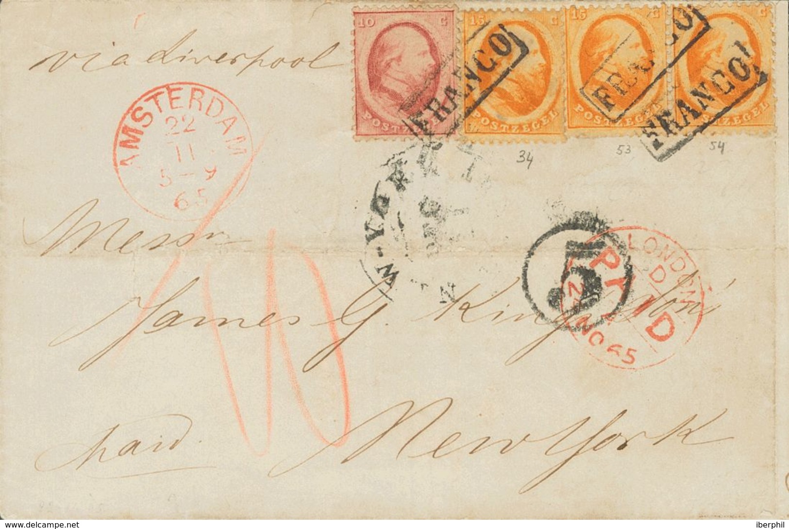 Holanda. SOBREYv . 1865. 10 Cent Red And 15 Cent Orange, Three Stamps. AMSTERDAM To NEW YORK (U.S.A.), Addressed Via Lon - ...-1852 Precursores