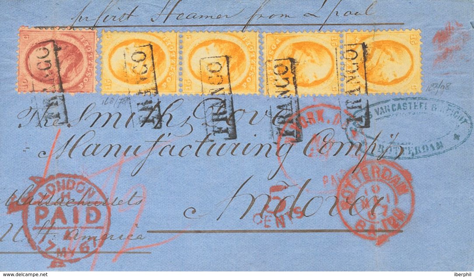 Holanda. SOBREYv . 1867. 10 Cent Red (file Fold) And 15 Cent Orange, Two Vertical Pairs (one Stamp File Fold). ROTTERDAM - ...-1852 Vorläufer