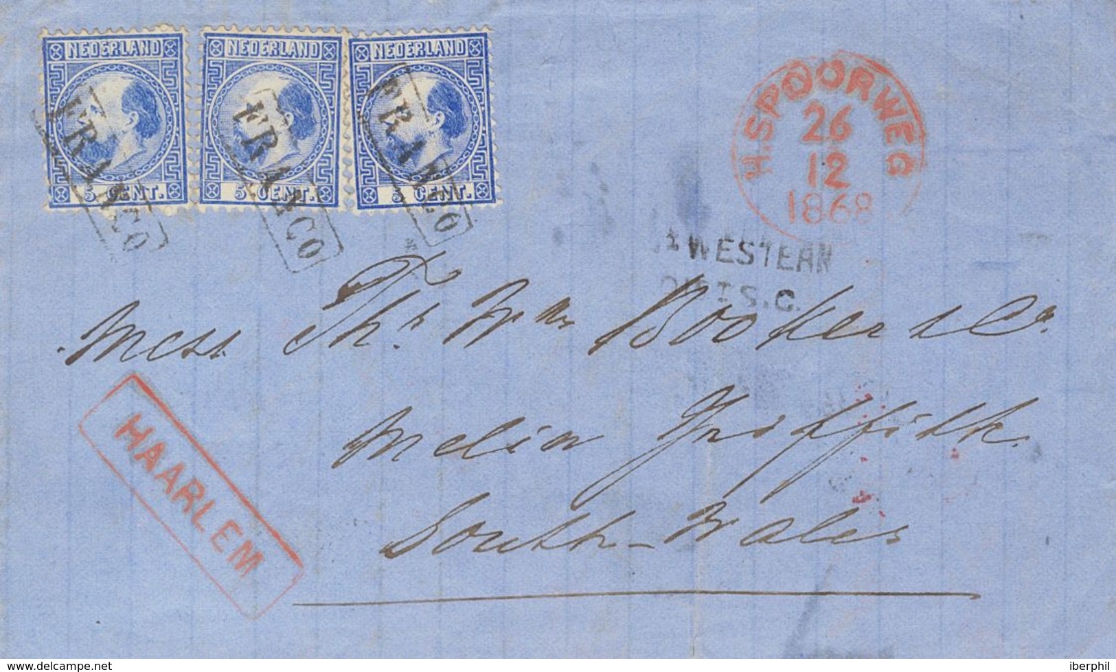 Holanda. SOBREYv . 1868. 5 Cent  Blue (Type II, Perforation 12¾ X 11¾), Three Stamps. HAARLEM To MELIN GRIFFITH (SOUTH W - ...-1852 Vorläufer